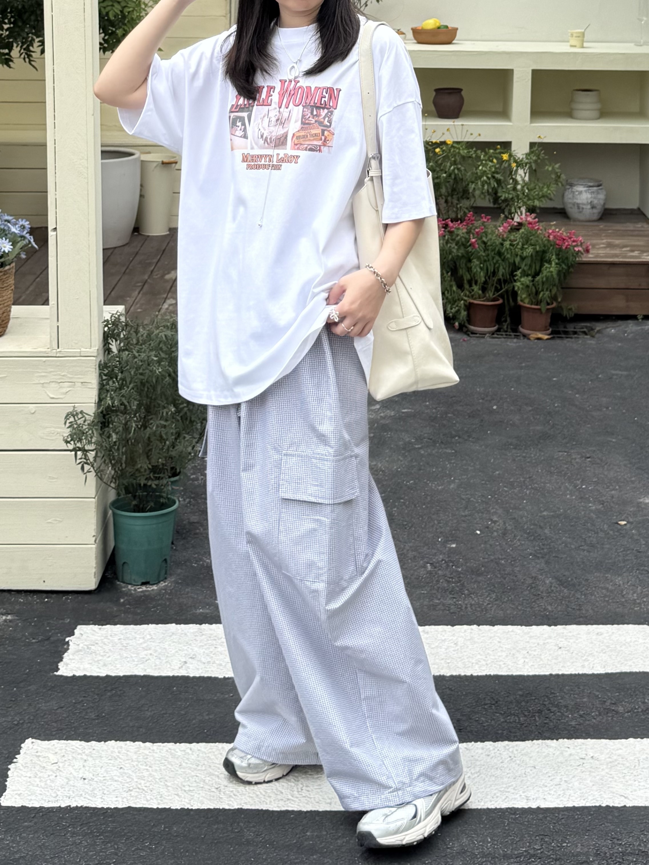 全鬆緊下抽繩格子工裝褲