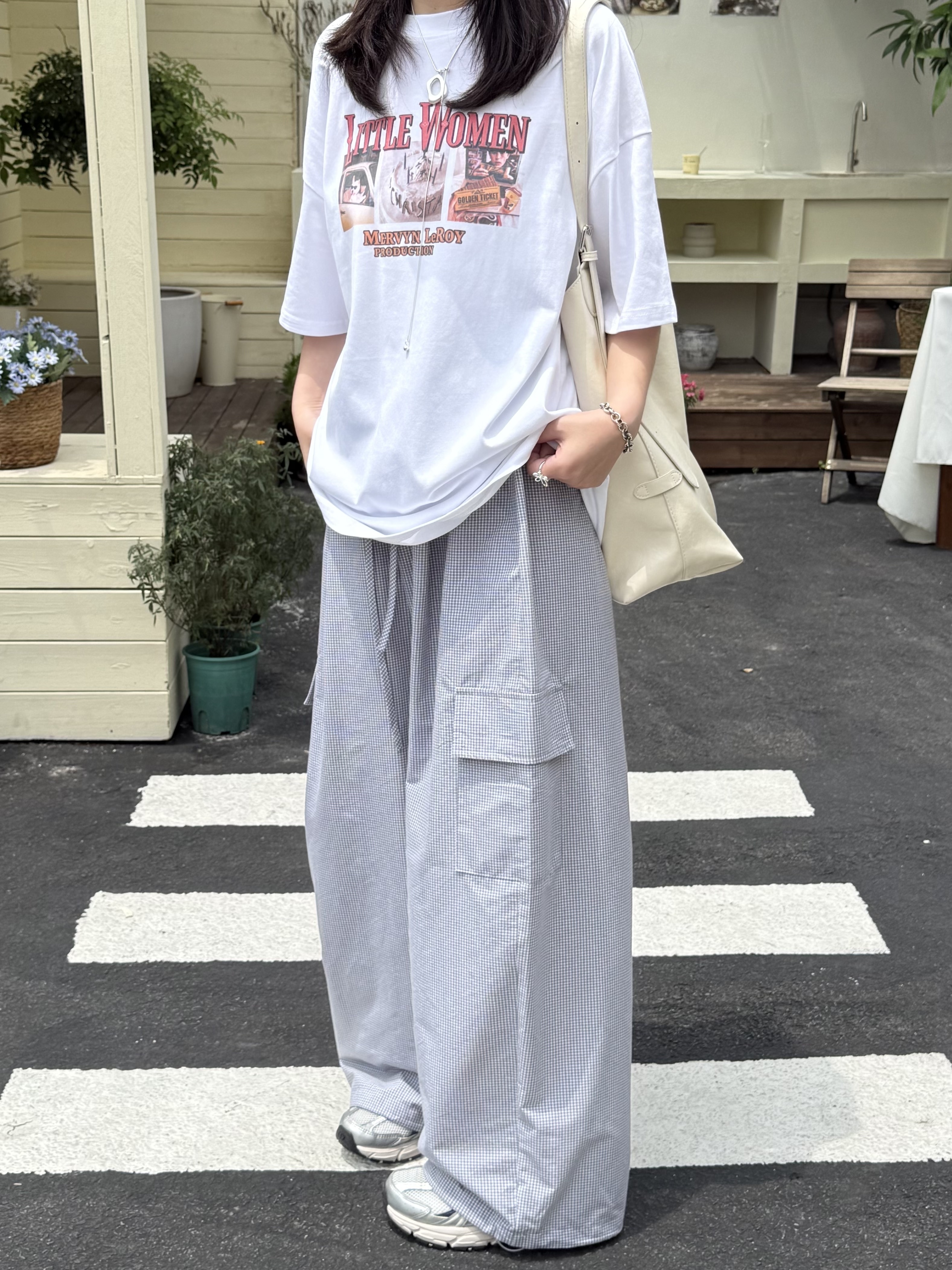 全鬆緊下抽繩格子工裝褲