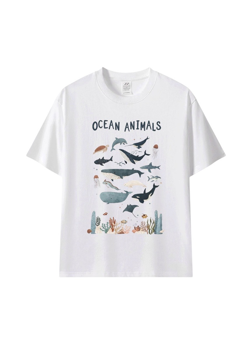韓系海洋動物印花T恤｜Ocean Animals 插畫短袖上衣。