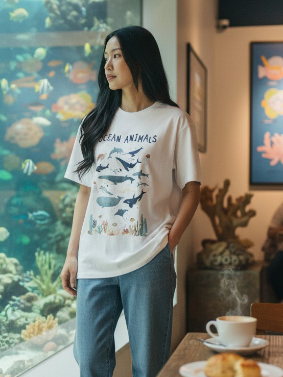 韓系海洋動物印花T恤｜Ocean Animals 插畫短袖上衣。