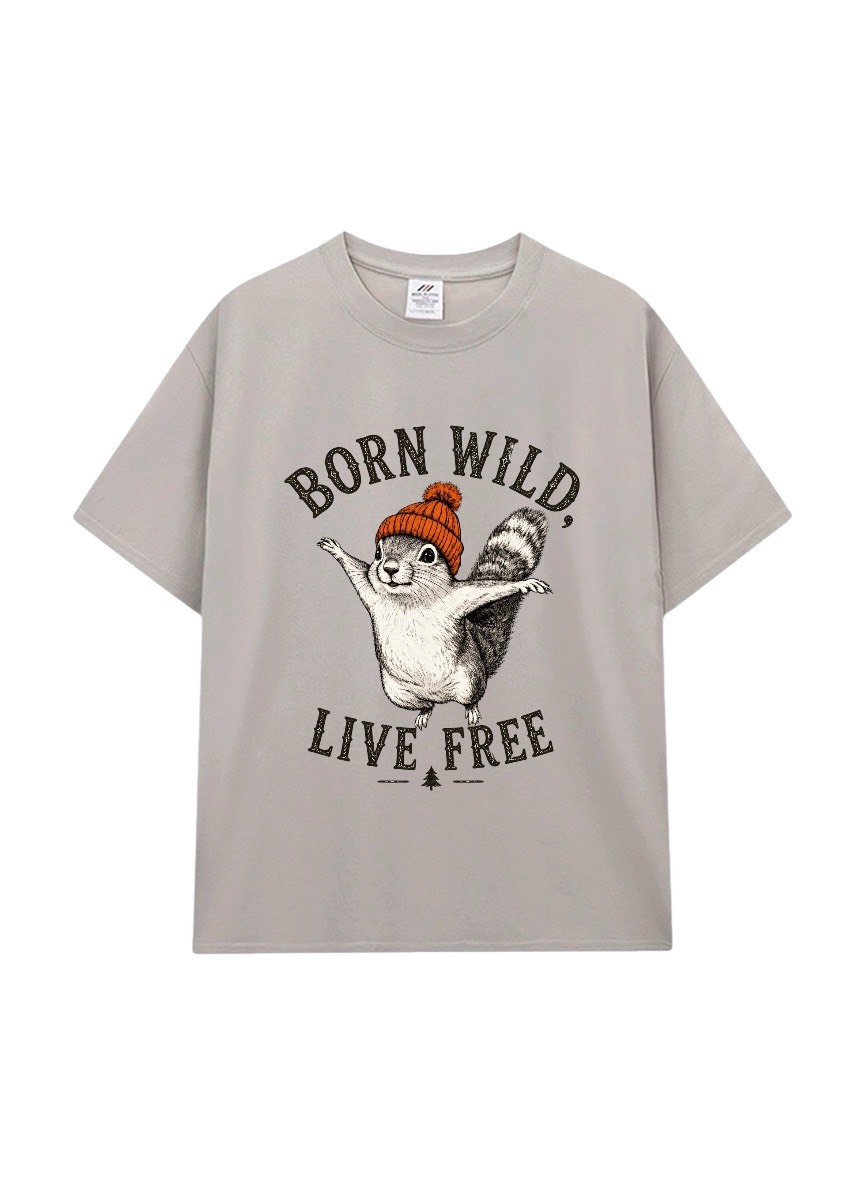 美式復古松鼠印花T恤｜Born Wild Live Free 動物短袖上衣。