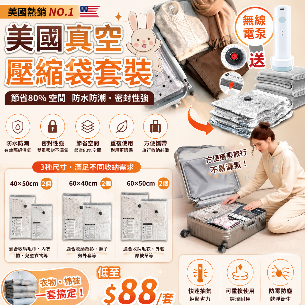 【UB9391】美國真空壓縮袋套裝連泵 (1套6個)