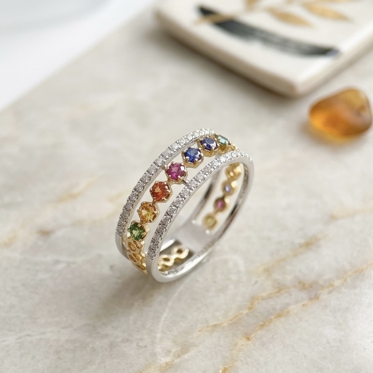 18K雙色金彩虹藍寶石鑽石鏤空戒指