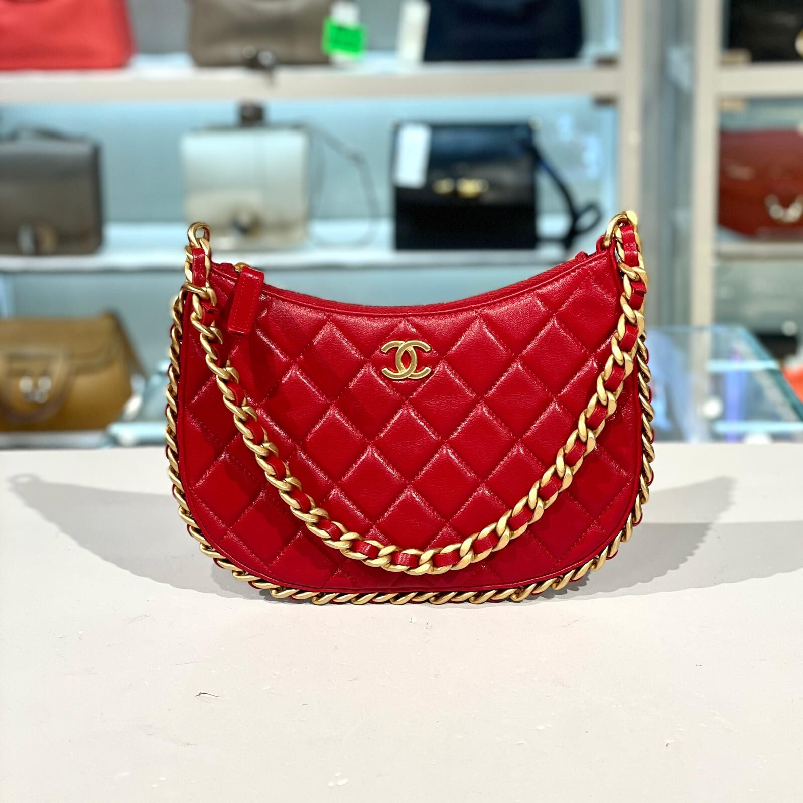 全新CHANEL HOBO 紅色小羊皮金扣 #香奈兒腋下包@晶片款 #BRAND NEW #香榭站正品