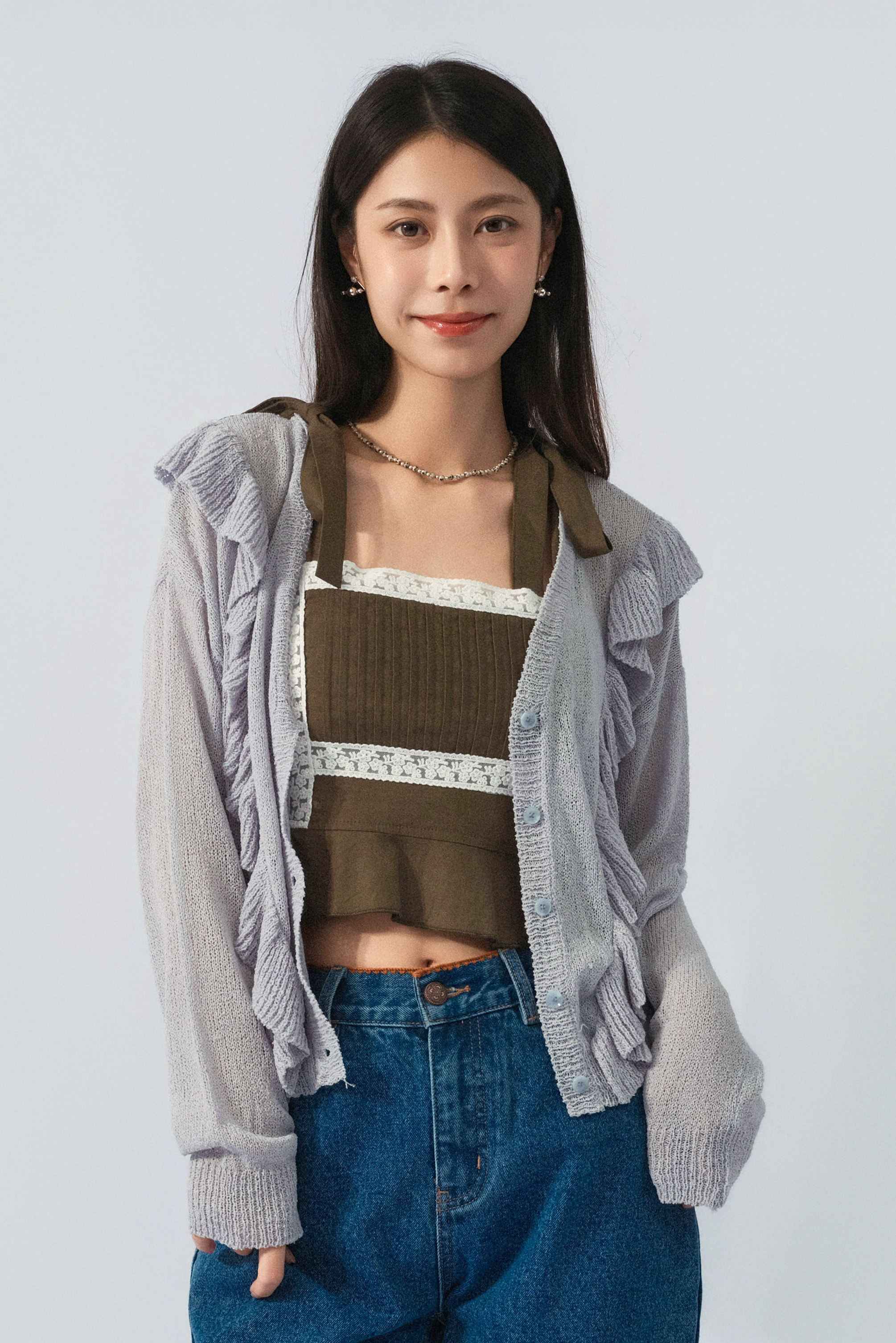 裝飾荷葉邊乾爽針織cardigan（預購產品）