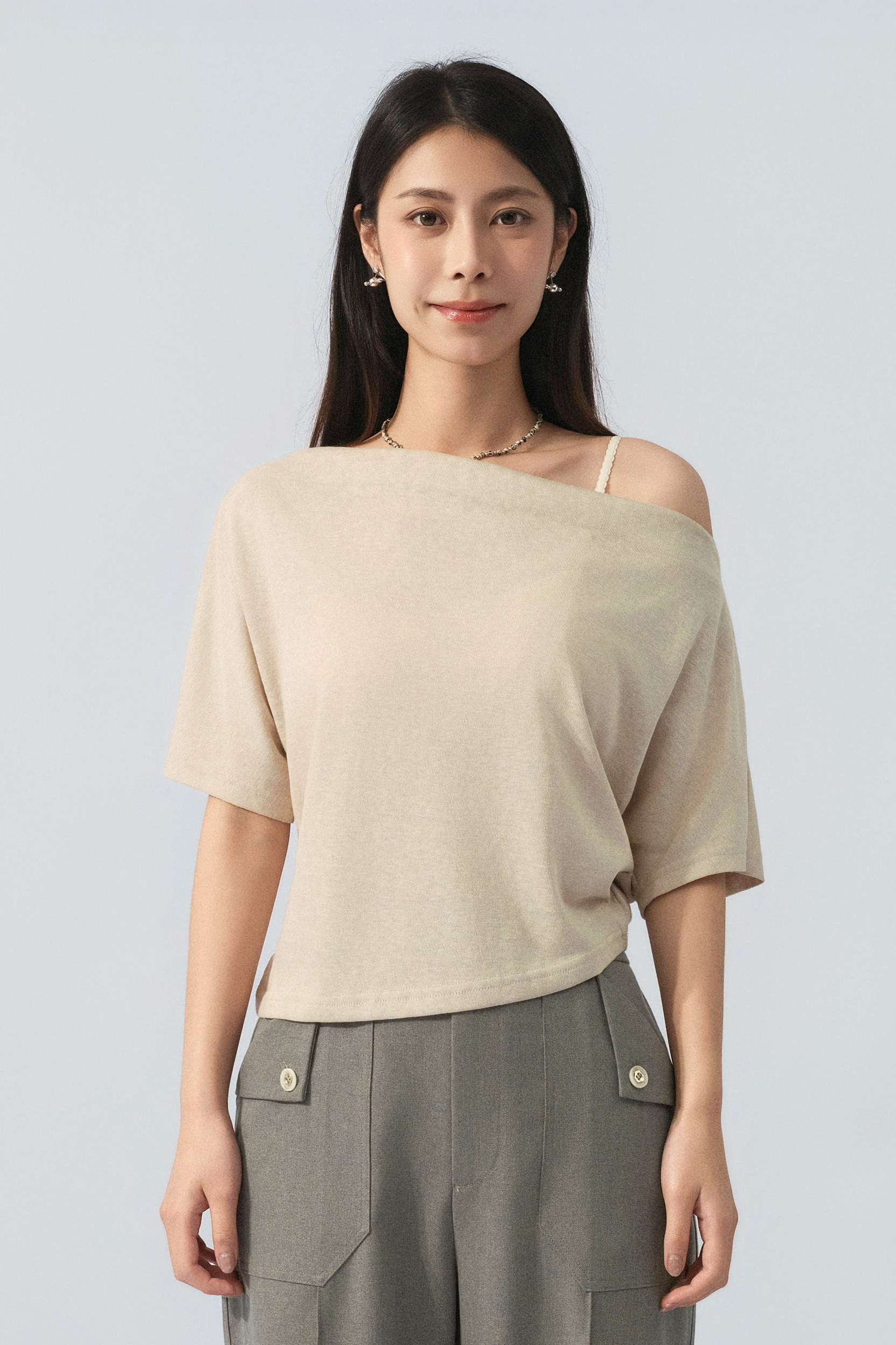 竹節棉單肩鬆身上衣  (預購產品）