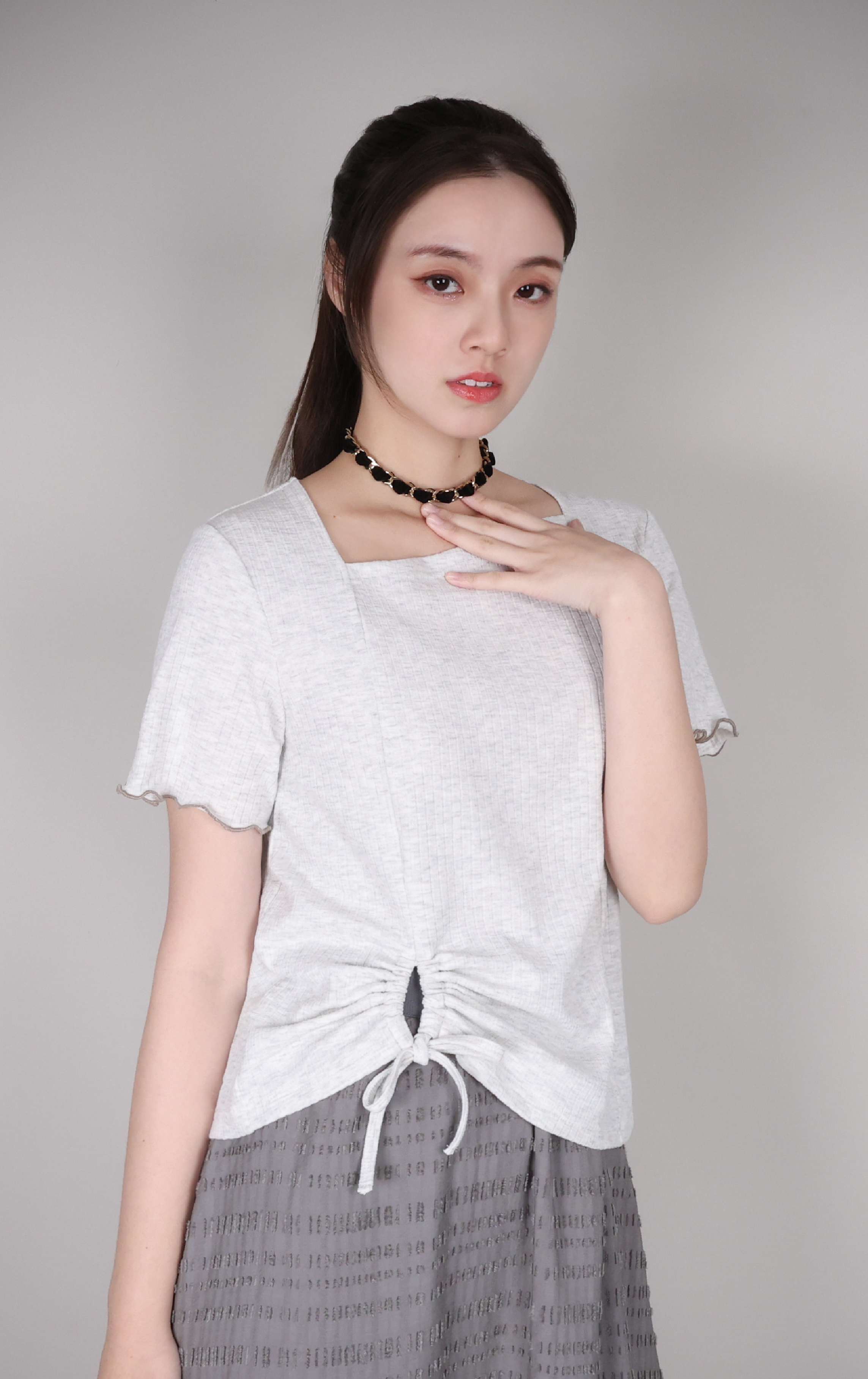 Ruched Drawstring Asymmetrical Square Neck Knit Top ST0446