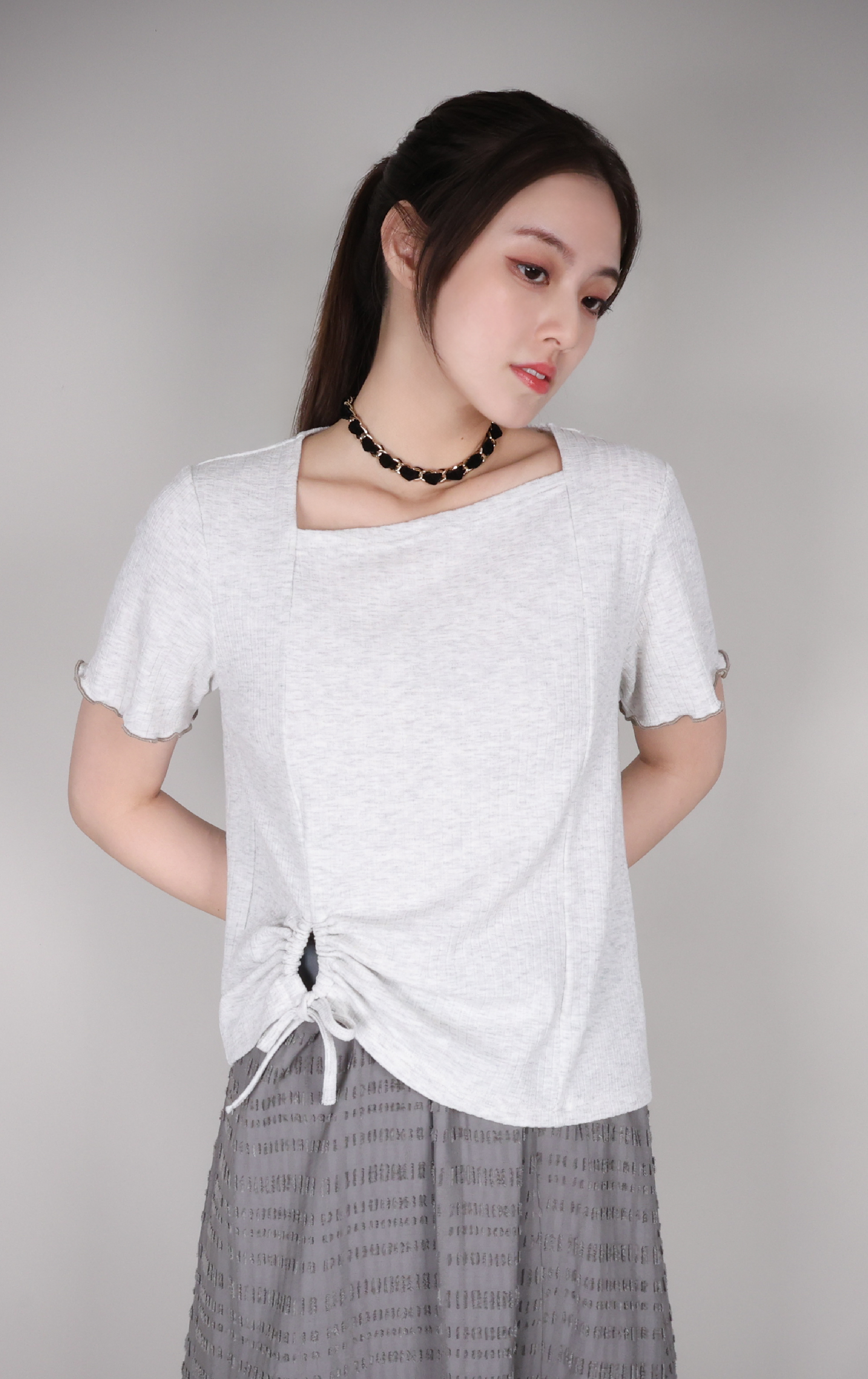 Ruched Drawstring Asymmetrical Square Neck Knit Top ST0446