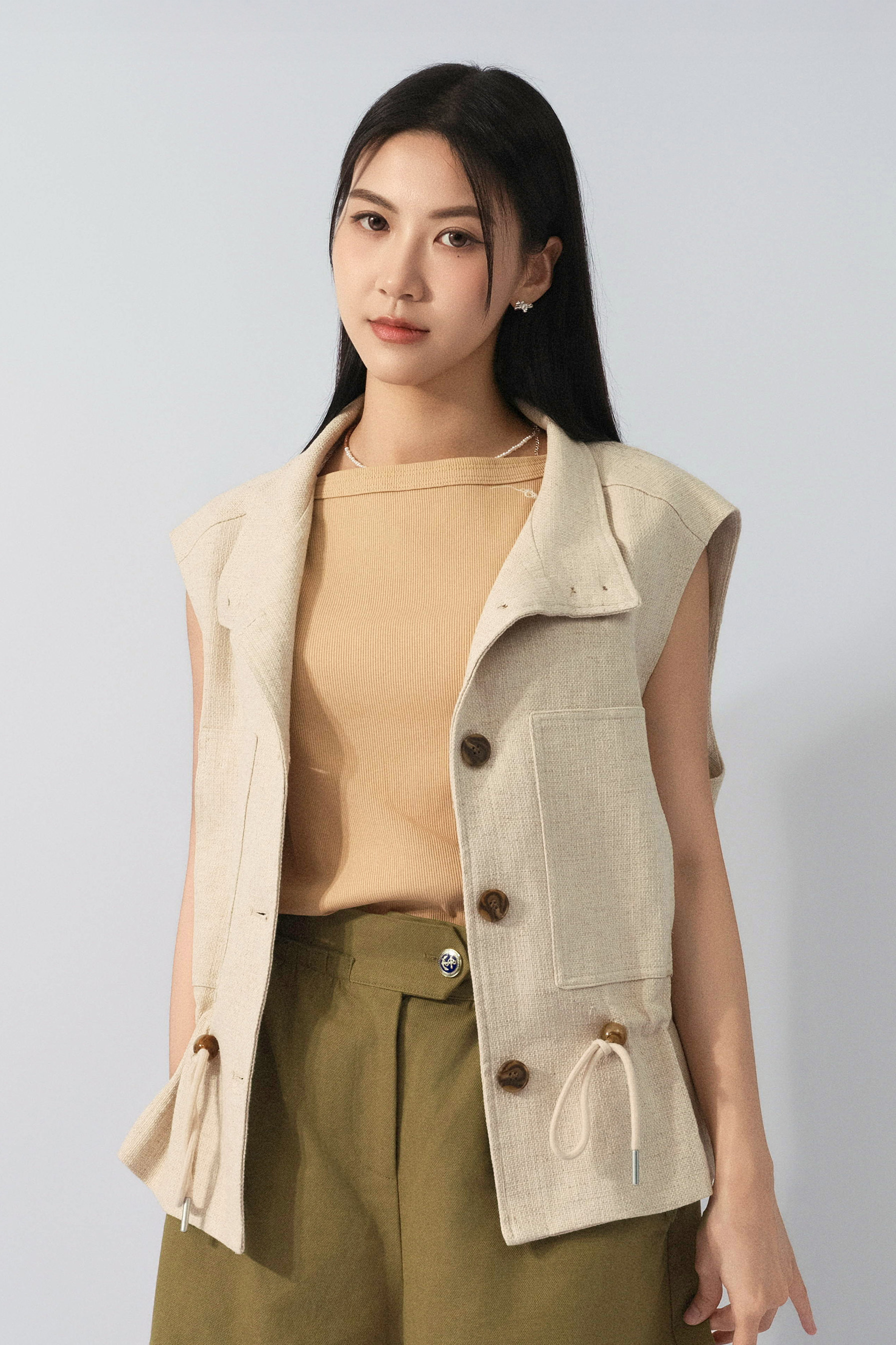 企領束腰棉麻背心外套 (預購產品）