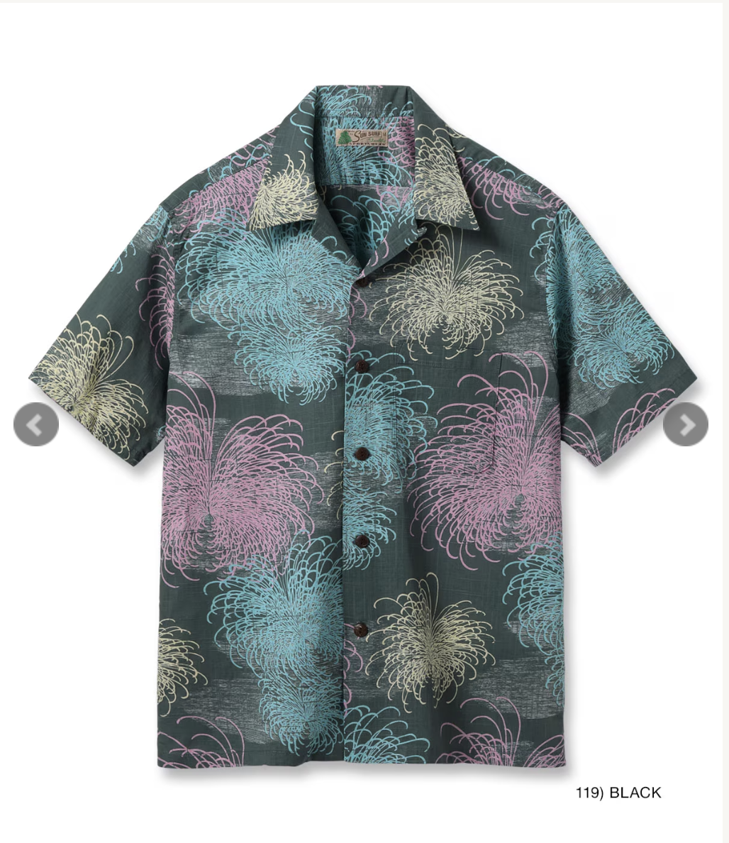 SUN SURF COTTON LINEN SLUBYARN HAWAIIAN SHIRT “CHRYSANTHEMUM” / BLACK