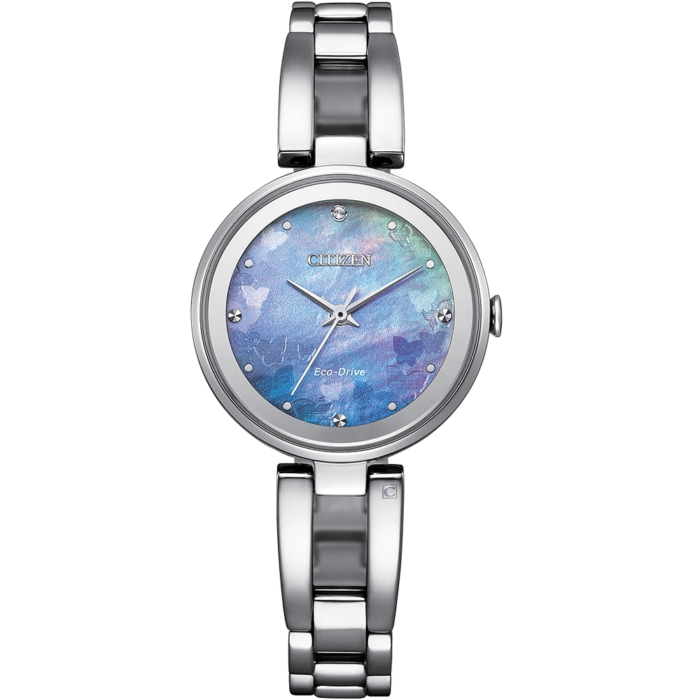 【CITIZEN 星辰】LADY'S系列 蝴蝶星空 珍珠母貝面 光動能 不鏽鋼 手錶 EM0801-85N
