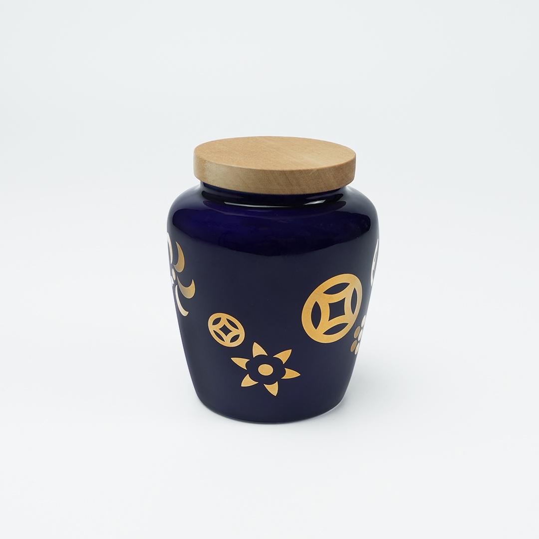 金豬迎財鈷藍茶罐