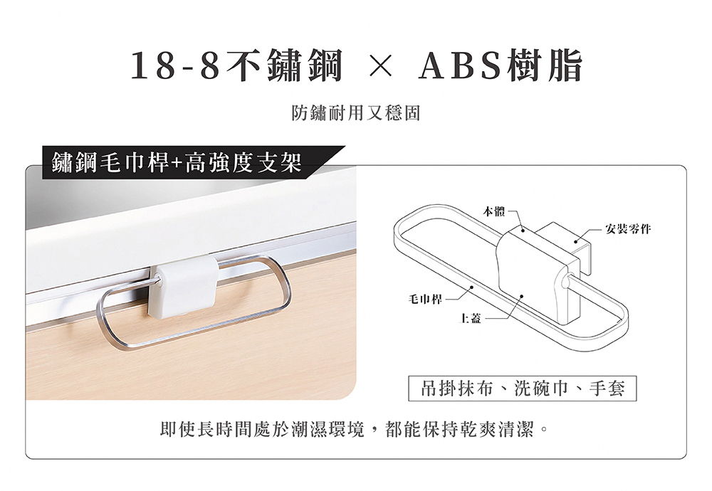 《AUX》日本製不鏽鋼三段式廚櫃門掛式毛巾架(白色)