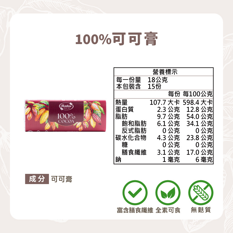 100%可可膏(無糖黑巧克力| 富含膳食纖維)