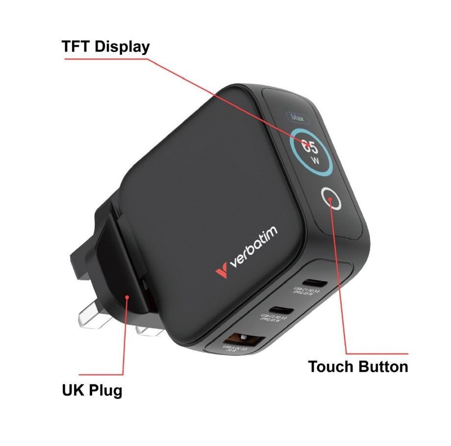 Verbatim Mini GaN Charger 65W with Display UK Plug #30246 Balck