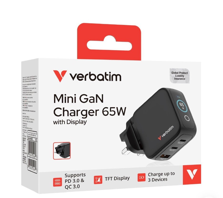 Verbatim Mini GaN Charger 65W with Display UK Plug #30246 Balck