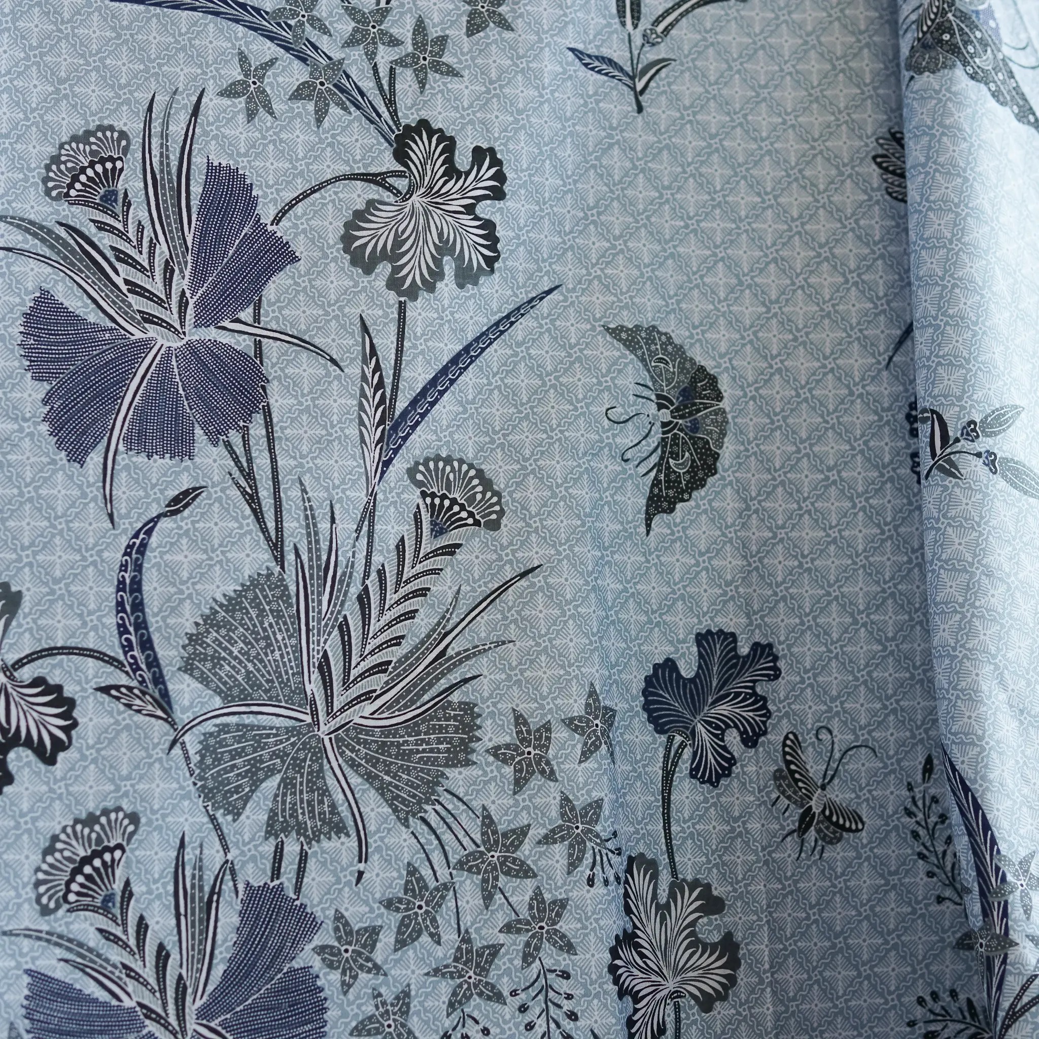 Batik｜Blue batik sarong with floral and bird motifs and tumpal pattern｜Indonesia