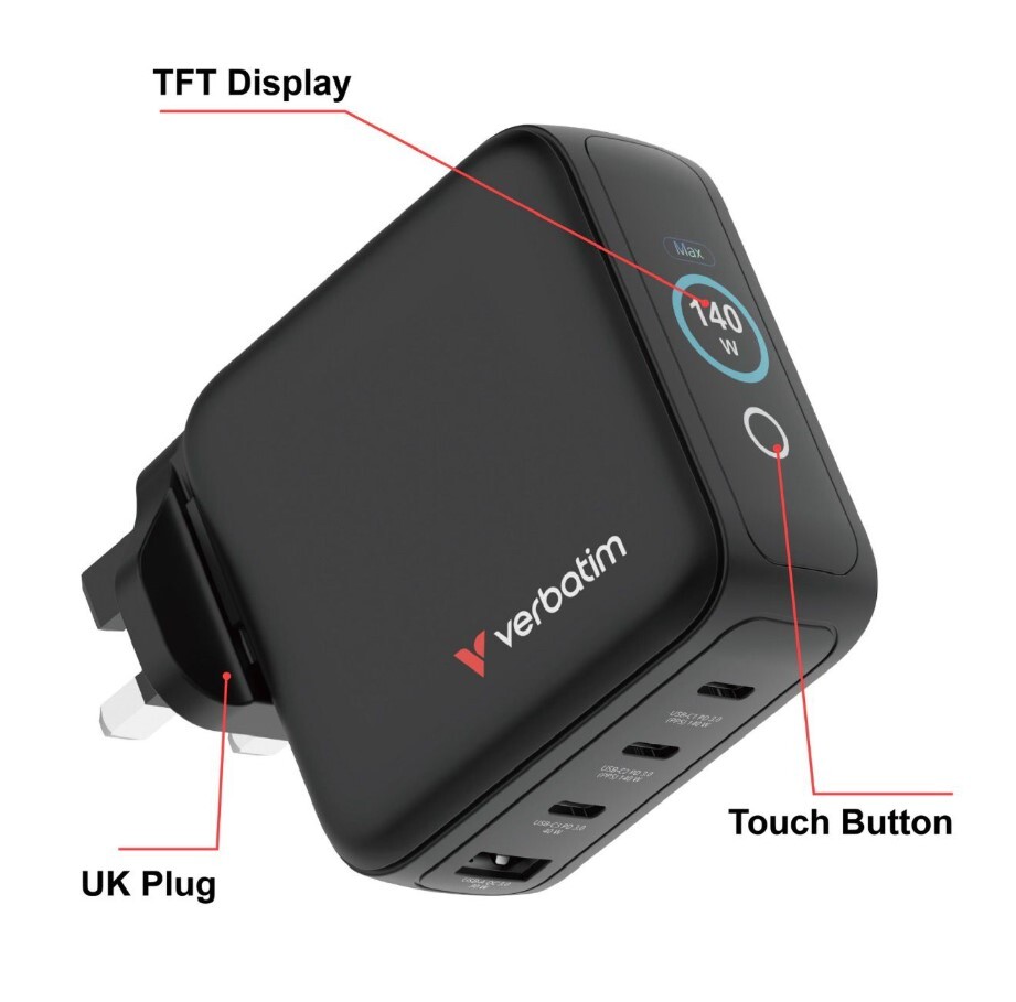 Verbatim Mini GaN Charger 140W with Display UK Plug  #30248 Balck