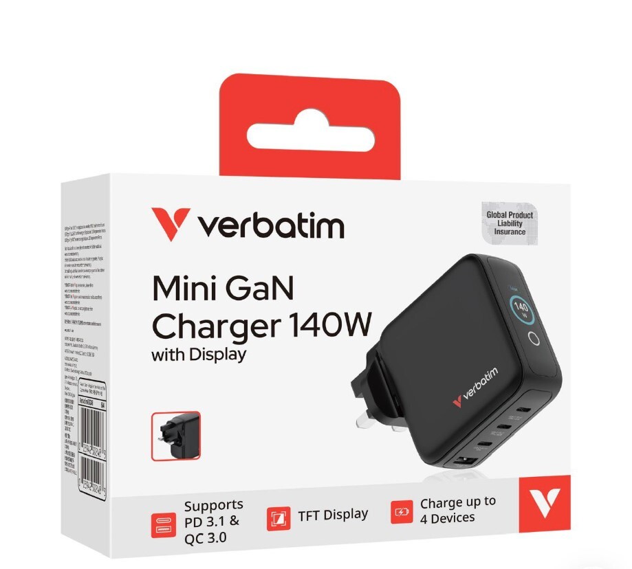 Verbatim Mini GaN Charger 140W with Display UK Plug  #30248 Balck