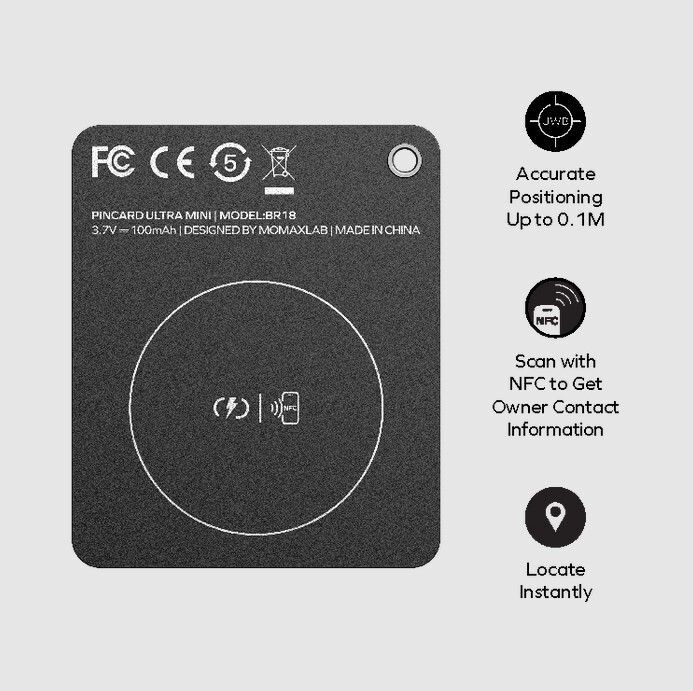 MOMAX PinCard Ultra Mini 充電式迷你 Find My 全球定位器 (支持 UWB) BR18D