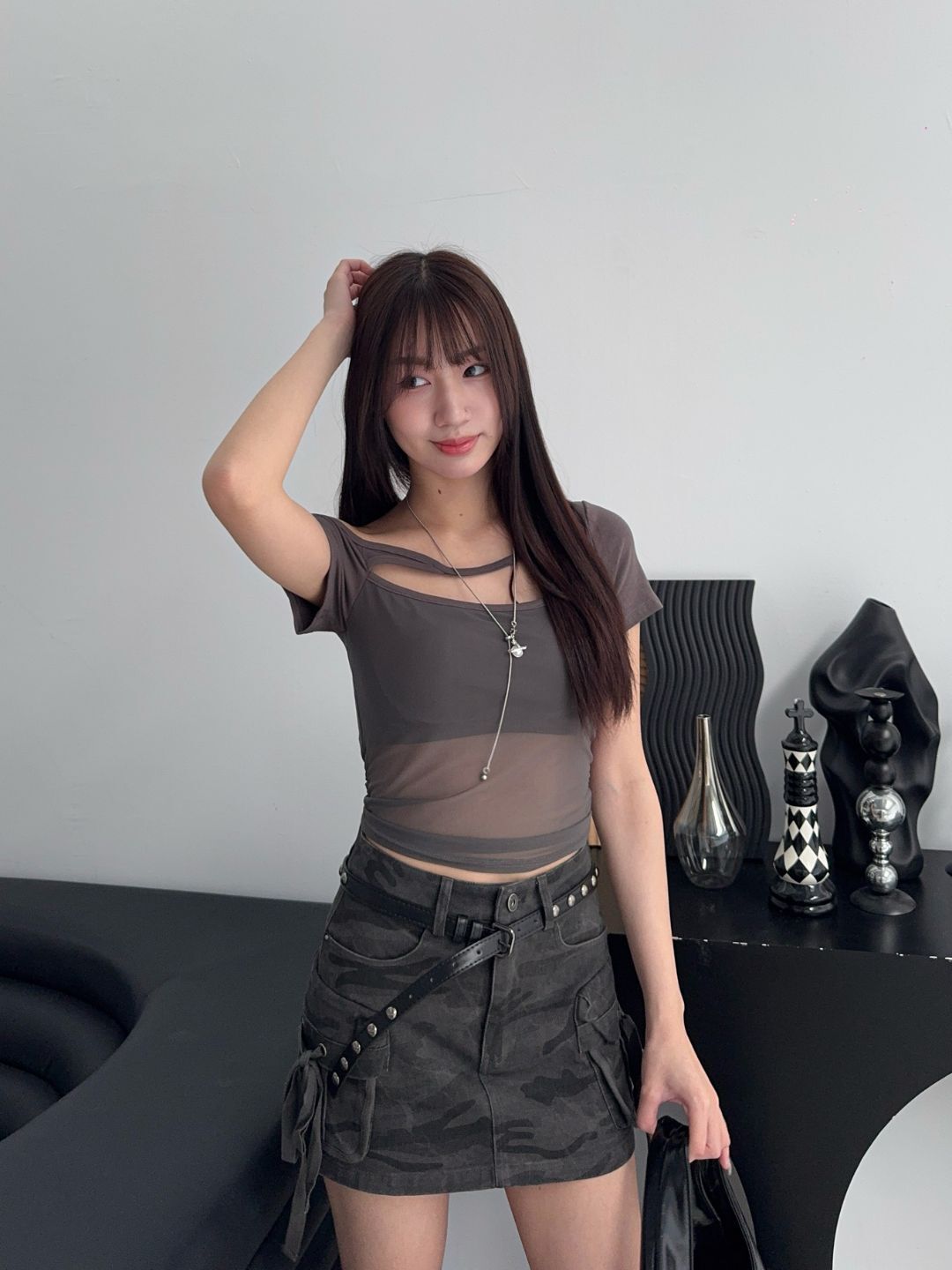 迷彩側綁帶工裝短裙