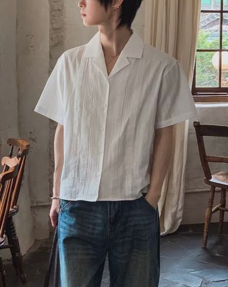 淨色暗直紋短袖恤衫 GARMENTS-078S