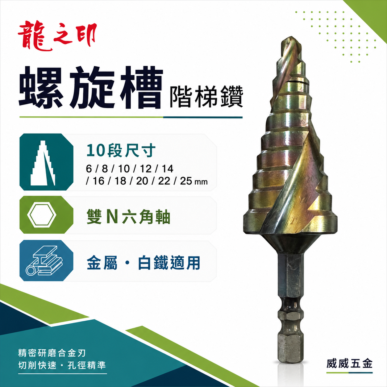 龍之印｜6-25mm｜HSS 六角柄螺旋階梯鑽頭 六角軸階梯鑽尾 螺旋階梯鑽頭 白鐵鑽 木工塑膠金屬用鑽尾
