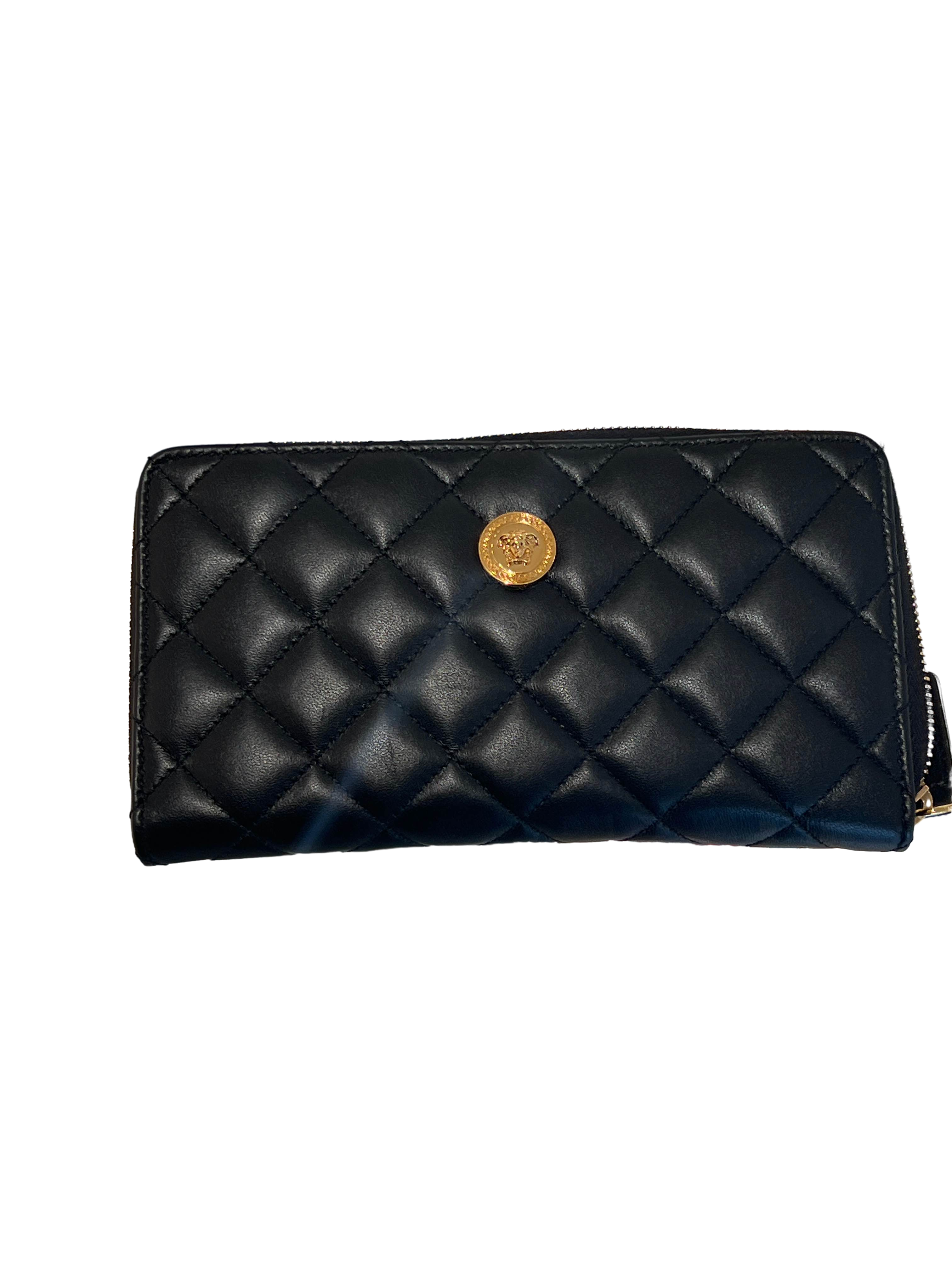 【Versace Outlet】Zip Around Wallet Quilted Lamb  黑
