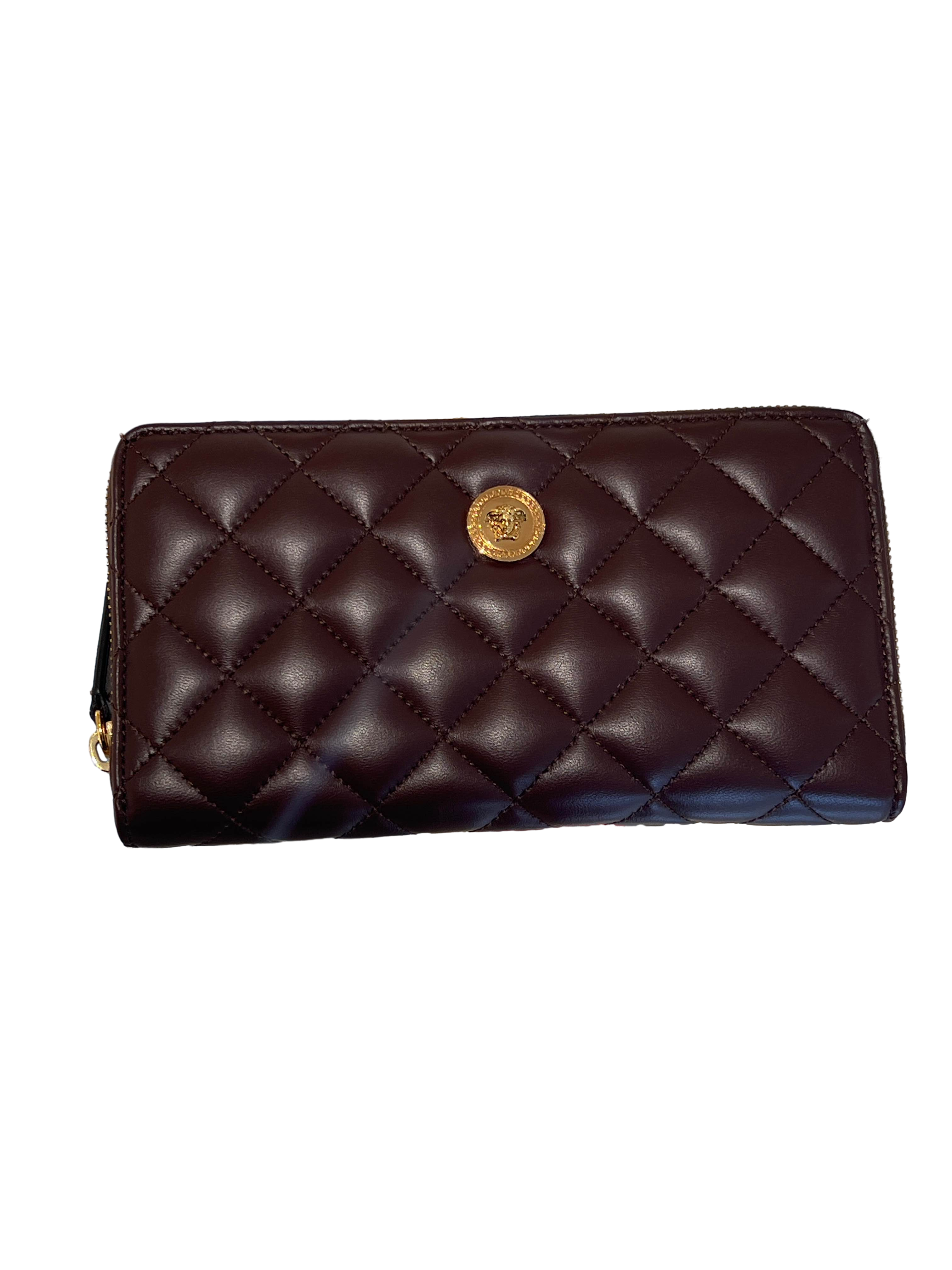 【Versace Outlet】Zip Around Wallet Quilted Lamb  酒紅