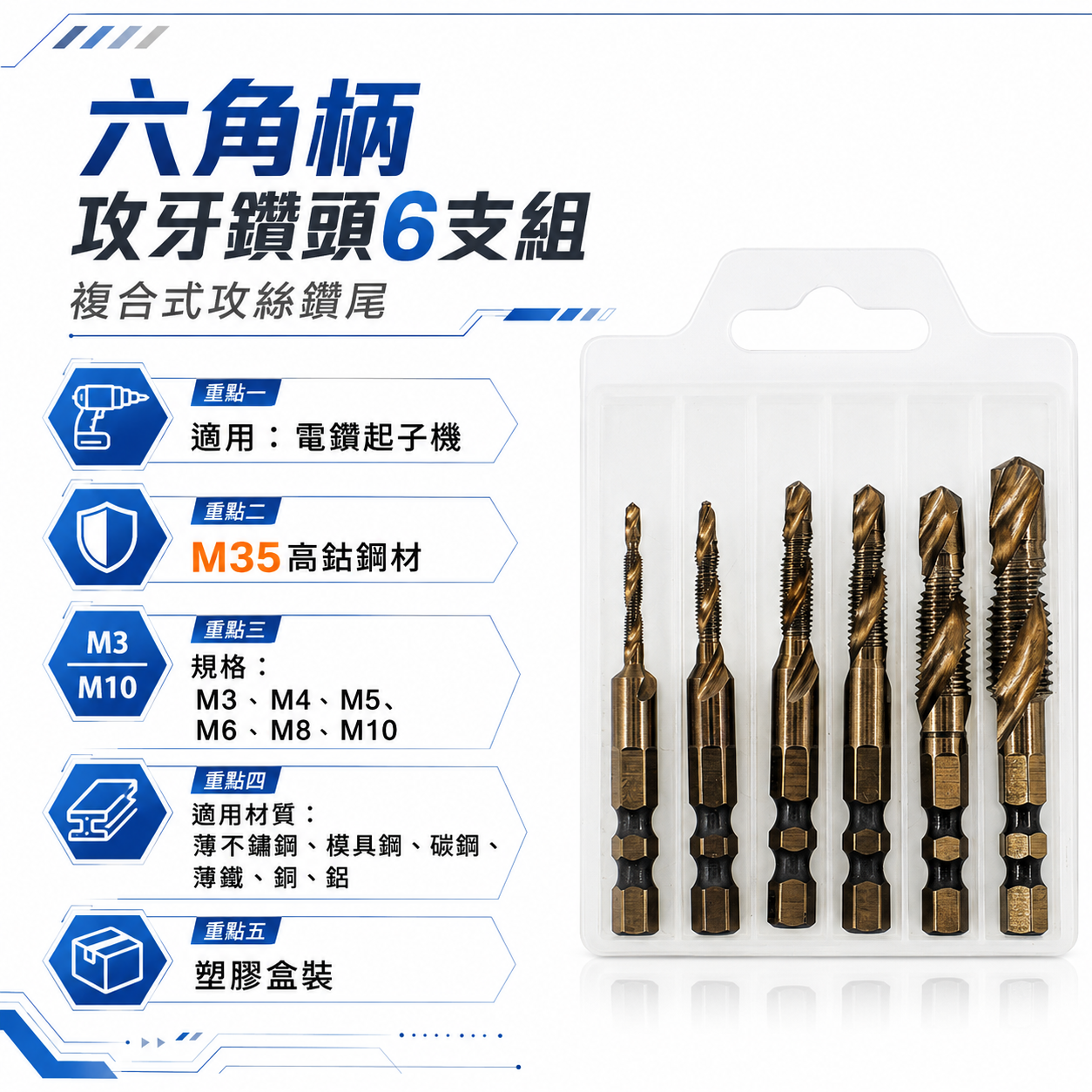 零售、盒裝整組-頂級M35高鈷｜M3-M10｜六角柄高鈷絲攻鑽尾 攻牙鑽頭 TAP 六角軸複合絲攻 絲攻鑽頭