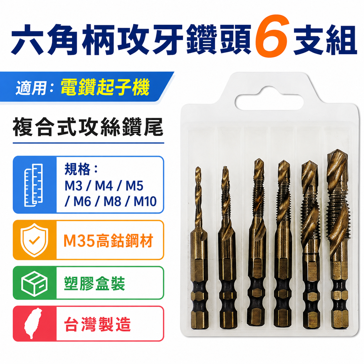 零售、盒裝整組-頂級M35高鈷｜M3-M10｜六角柄高鈷絲攻鑽尾 攻牙鑽頭 TAP 六角軸複合絲攻 絲攻鑽頭