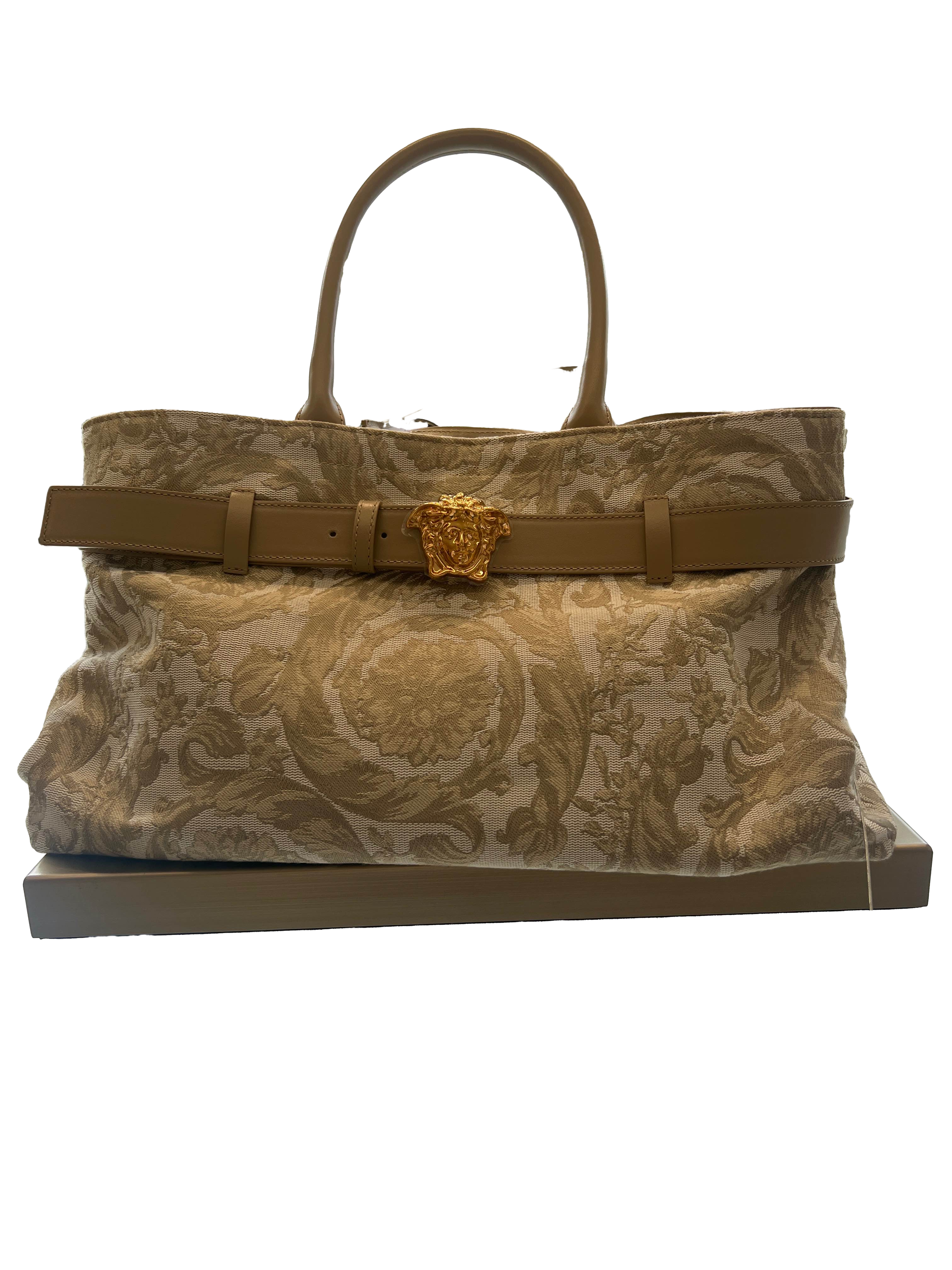 【Versace Outlet】Gianni Versace Srl Large Tote Fabric+Calf Leather  奶茶