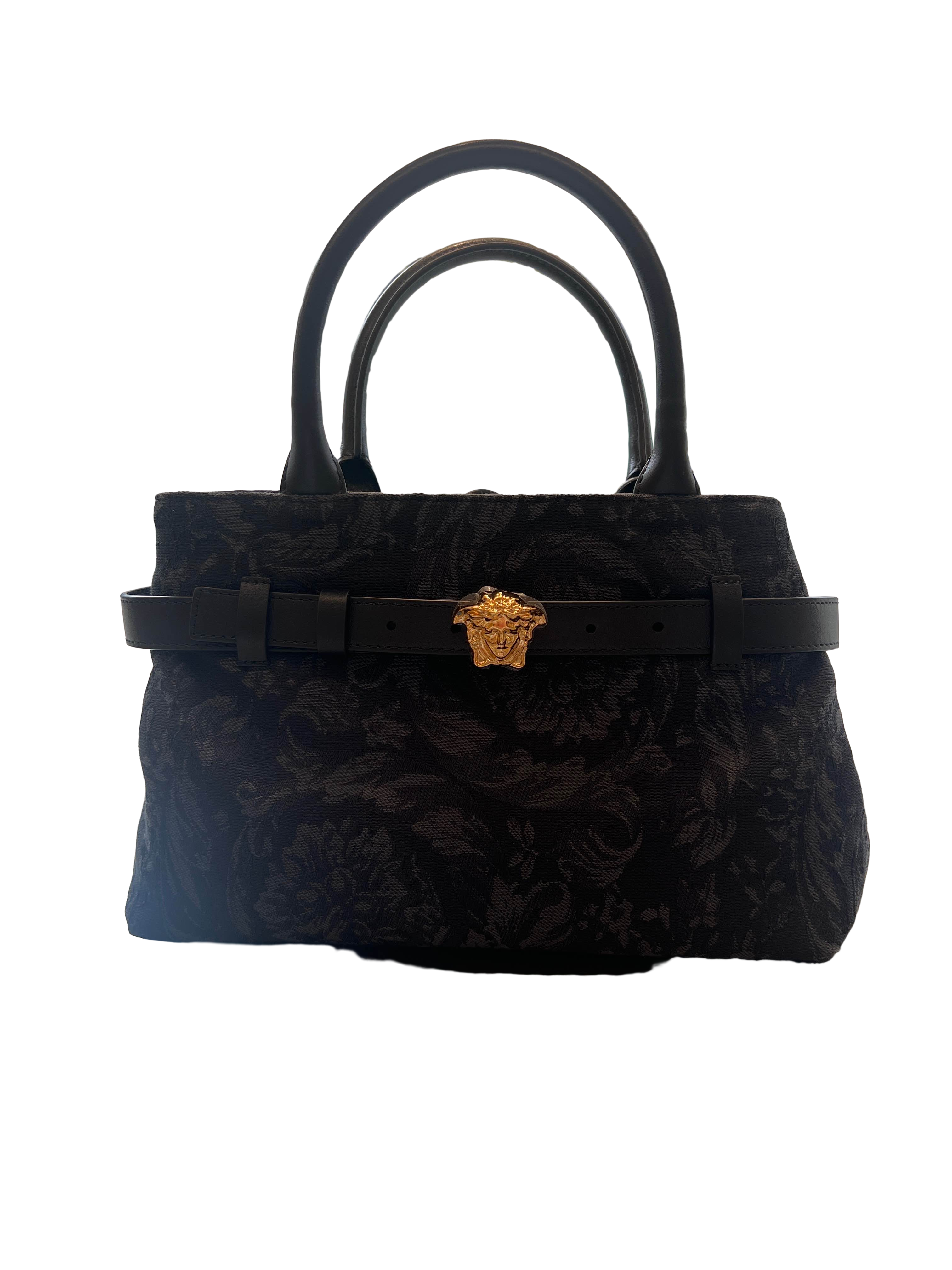 【Versace Outlet】Gianni Versace Srl Small Tote Fabric+ Calf Leather  黑