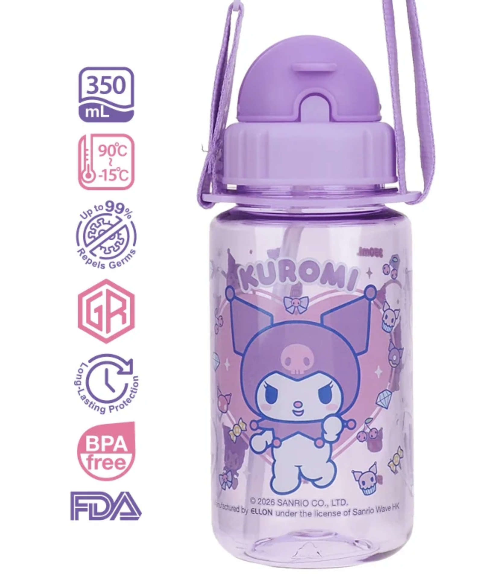 Kuromi 350ml BPA Free 膠水樽連飲管及頸繩 9-4980-41