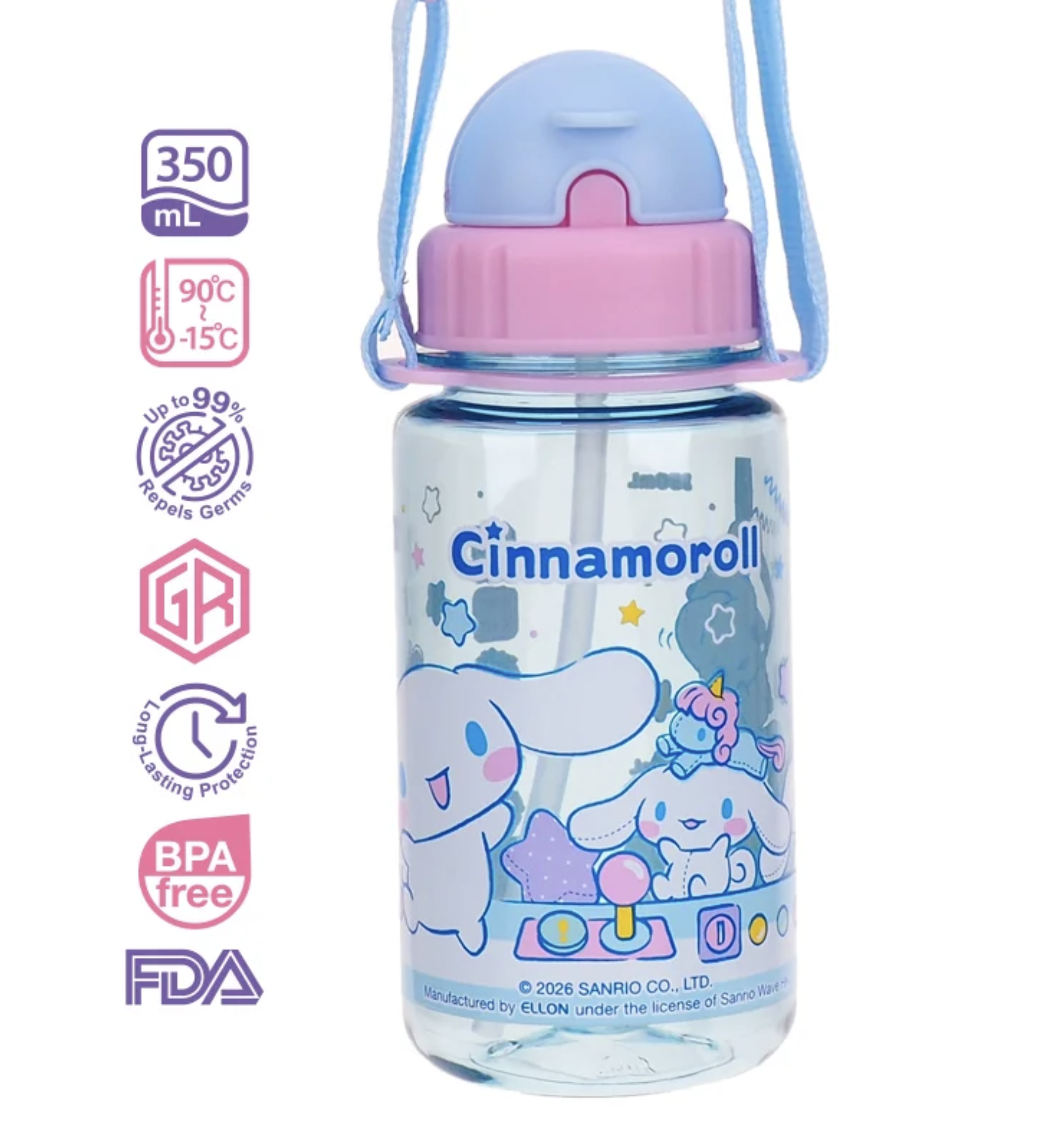 Cinnamoroll 350ml BPA Free 膠水樽連飲管及頸繩 9-4980-42
