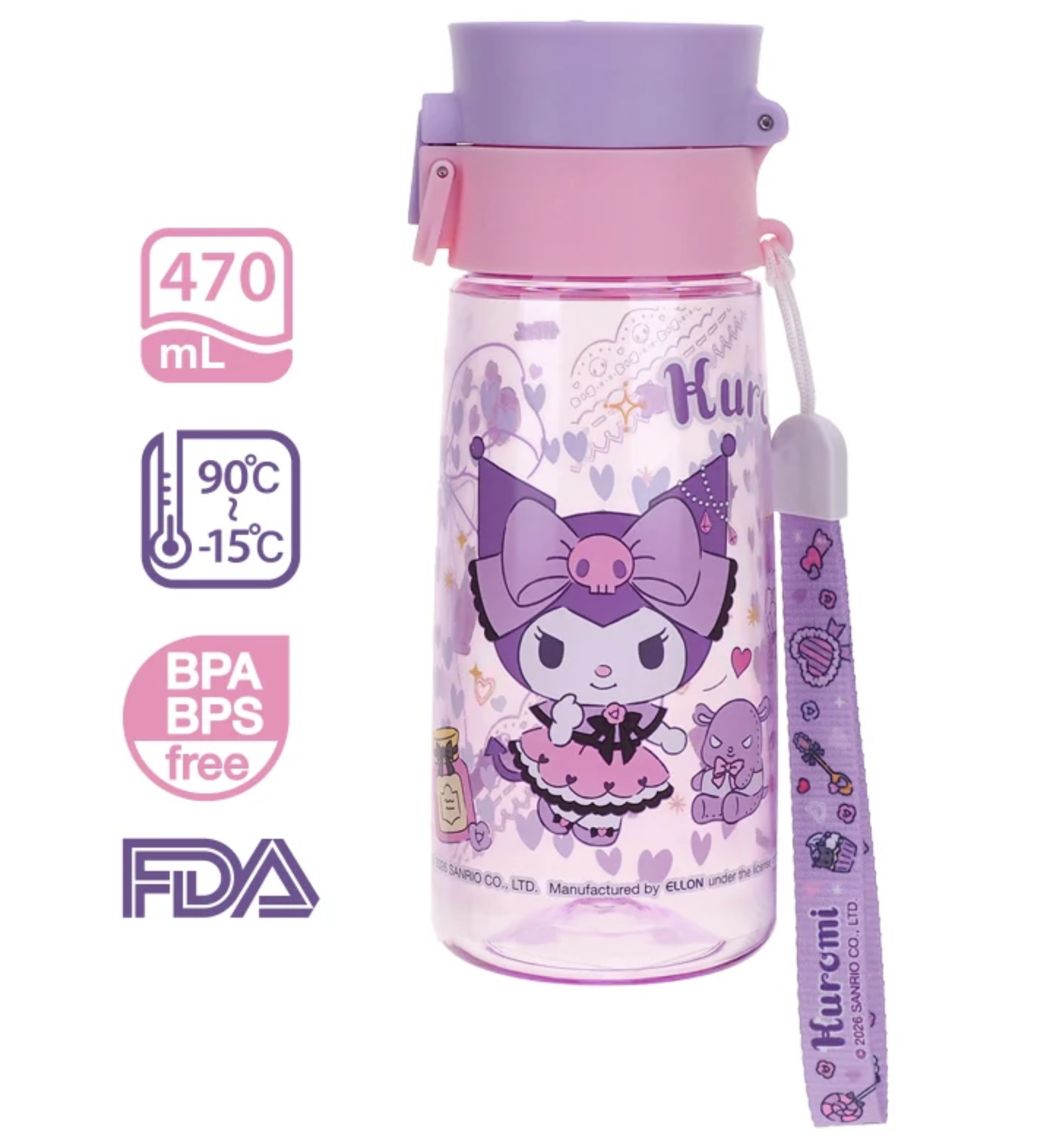 Kuromi 470ml BPA & BPS Free 膠水樽連手繩 9-8331-6