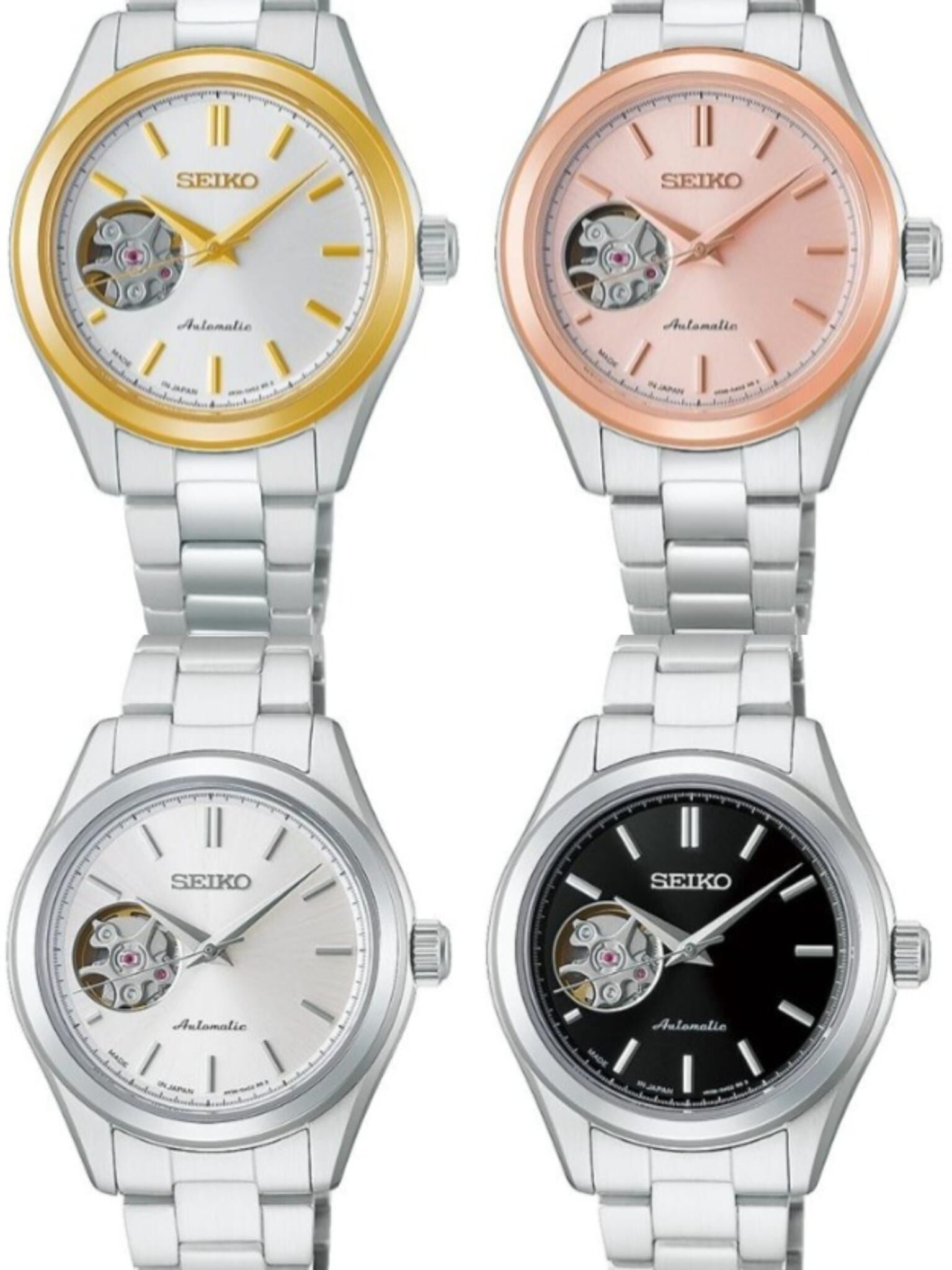 Seiko 精工 Selection Analog Ladies' Mechanical Stainless steel strap Watch 銀色表盤 HFB007 HFB007J / 黑色表盤 HFB008 HFB008J / 銀金表盤 HFB009 HFB009J / 玫瑰金色 HFB010 HFB010J 女士機械自動機芯腕錶，不鏽鋼錶帶 尺寸為 33.7 x 10.8 x 39.6mm