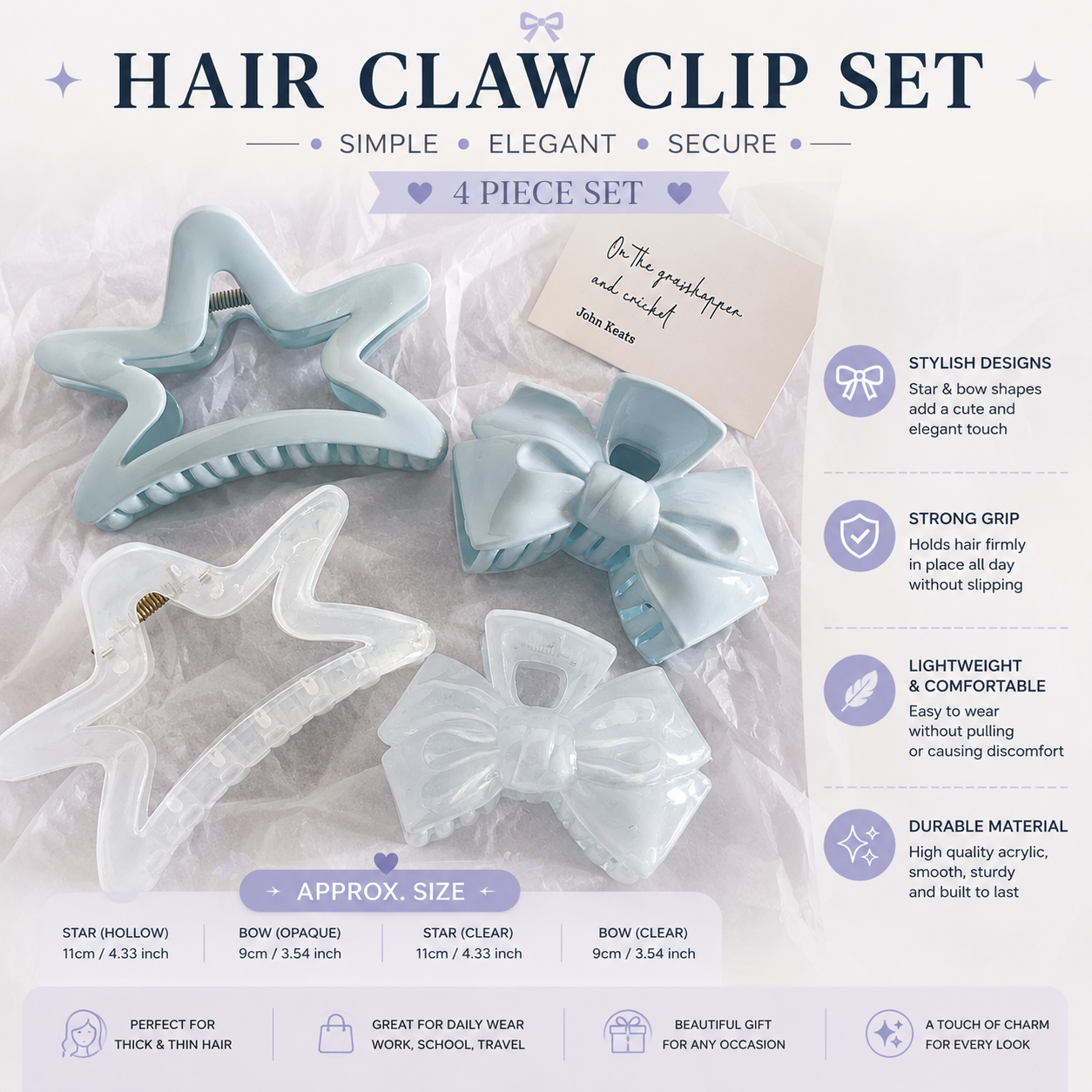 CN230 Hair Claw Clip Set (Total 4pcs - 1 Design EA)