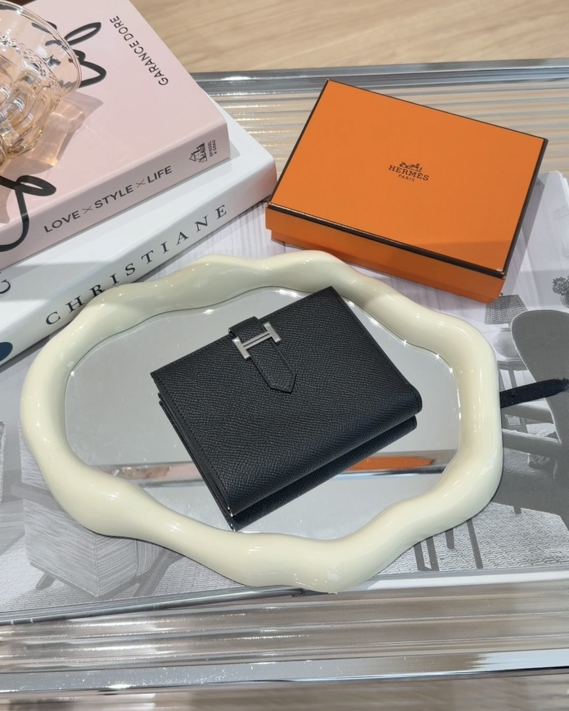 HERMES｜BEARN EPSOM 短夾 黑銀