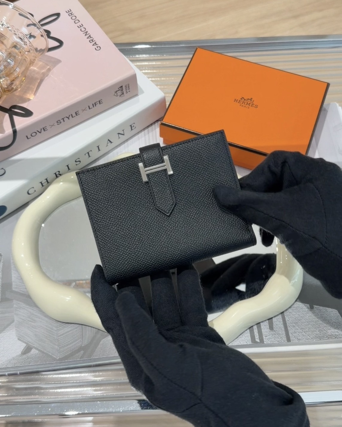 HERMES｜BEARN EPSOM 短夾 黑銀