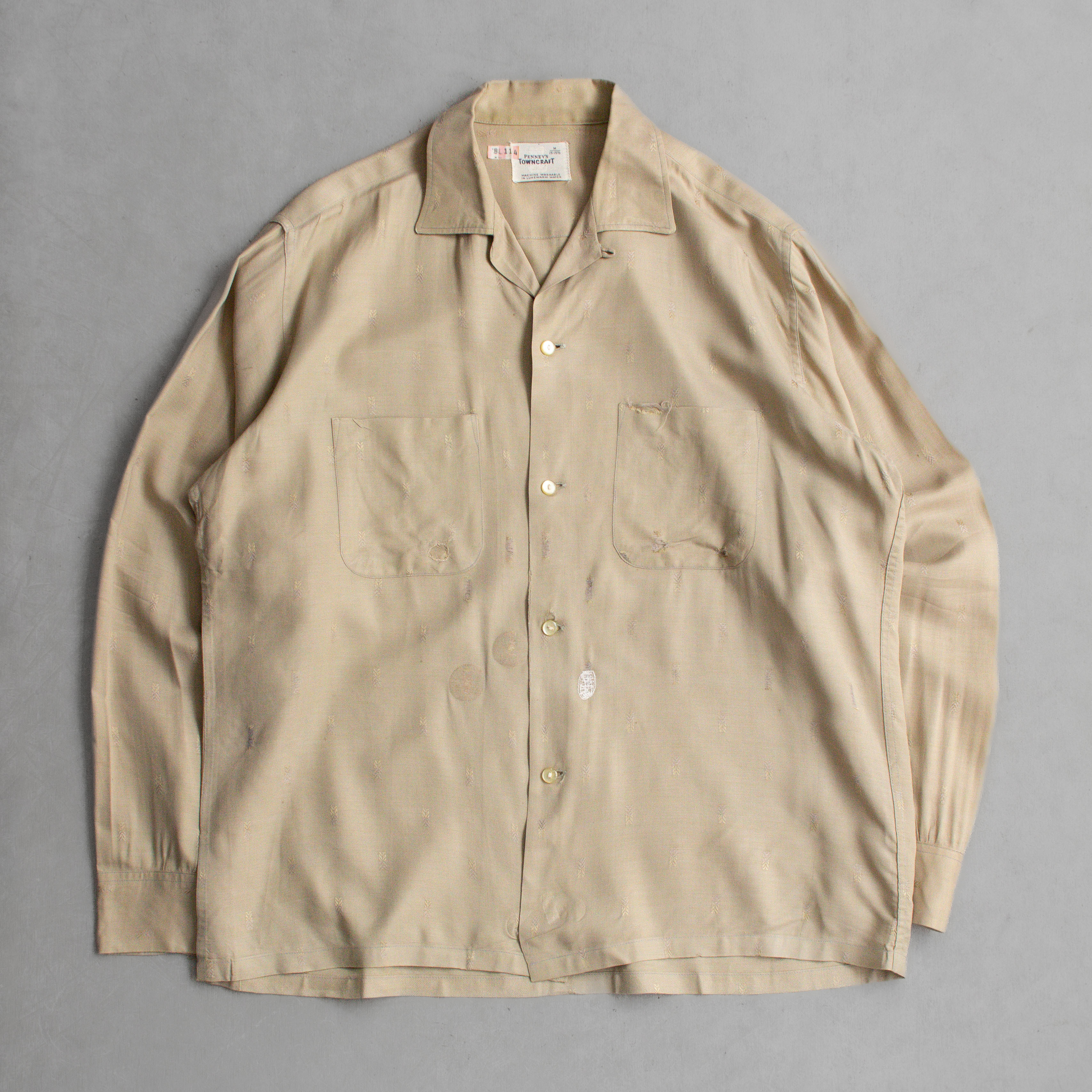 60S TOWNCRAFT RAYON OPEN SHIRT 美國製 卡其 嫘縈 開領 長袖 襯衫