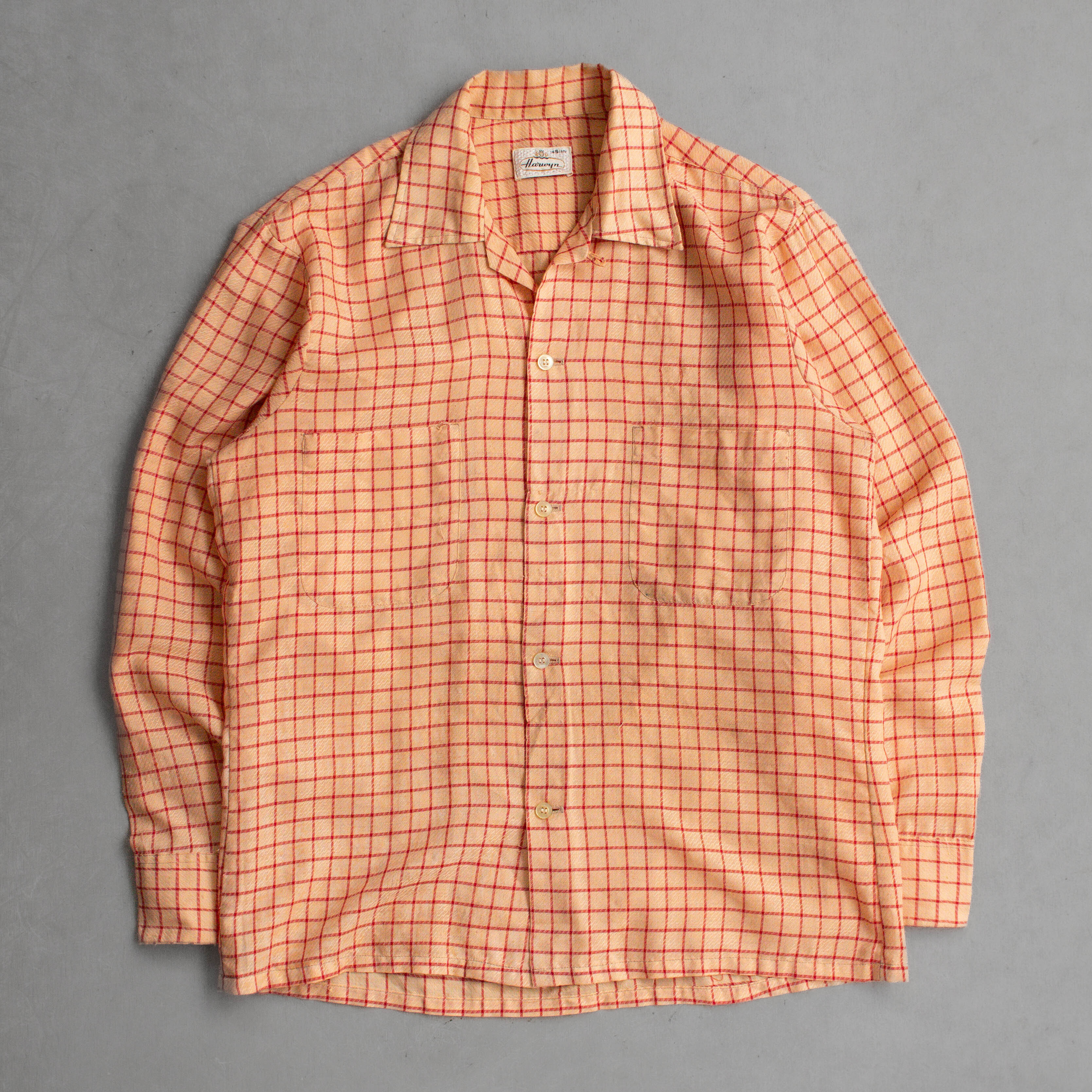50-60S HARWYN RAYON OPEN SHIRT 美國製 橘紅 格紋 嫘縈 開領 長袖 襯衫