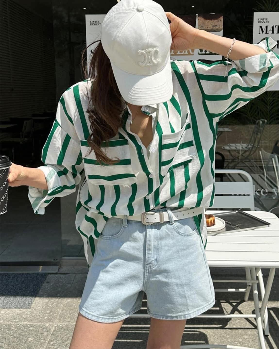 【簡約慵懶的條紋雙口袋拼接襯衫】（現貨）