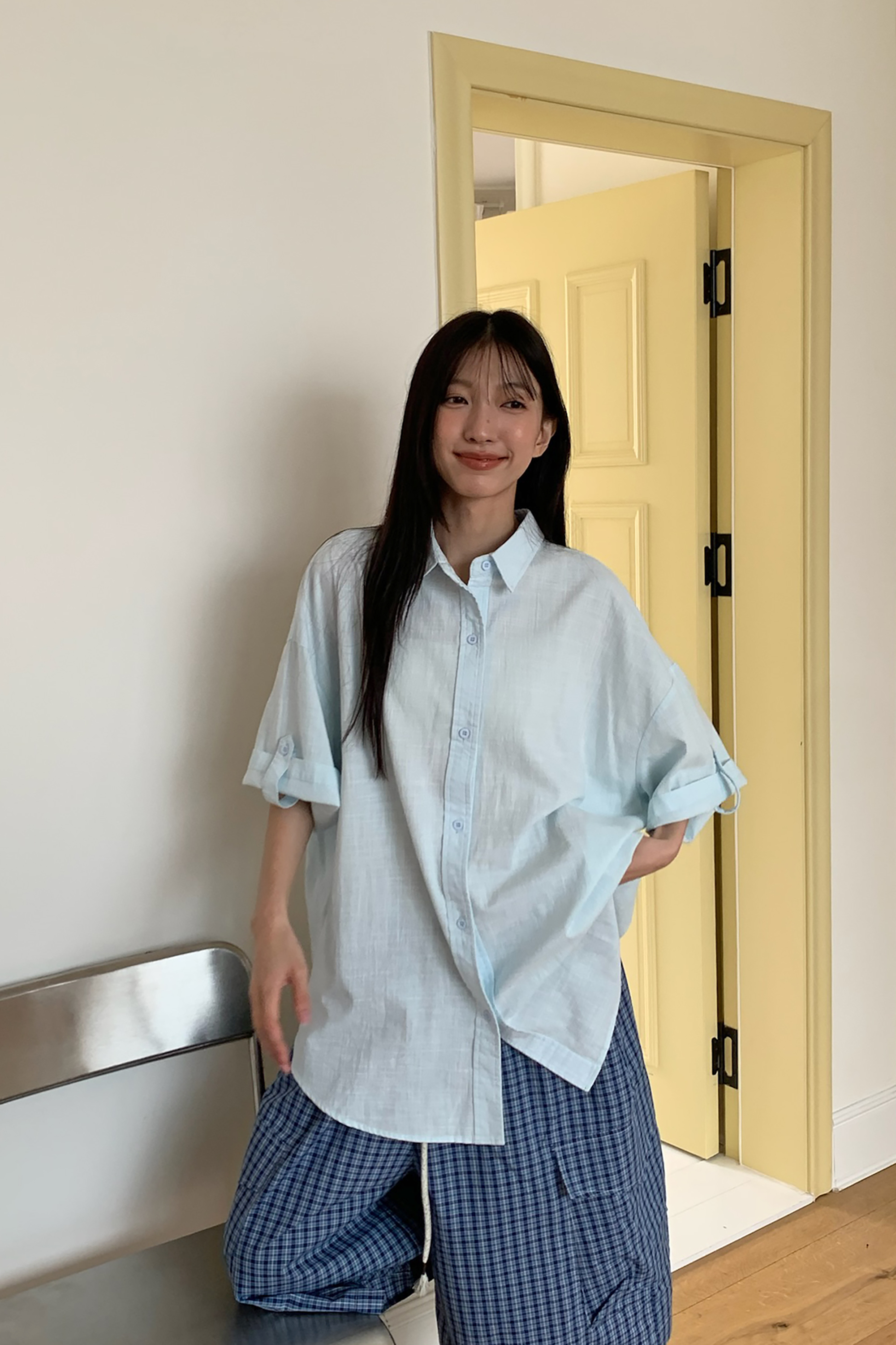 May｜藍色調素面袖釦短襯 2色