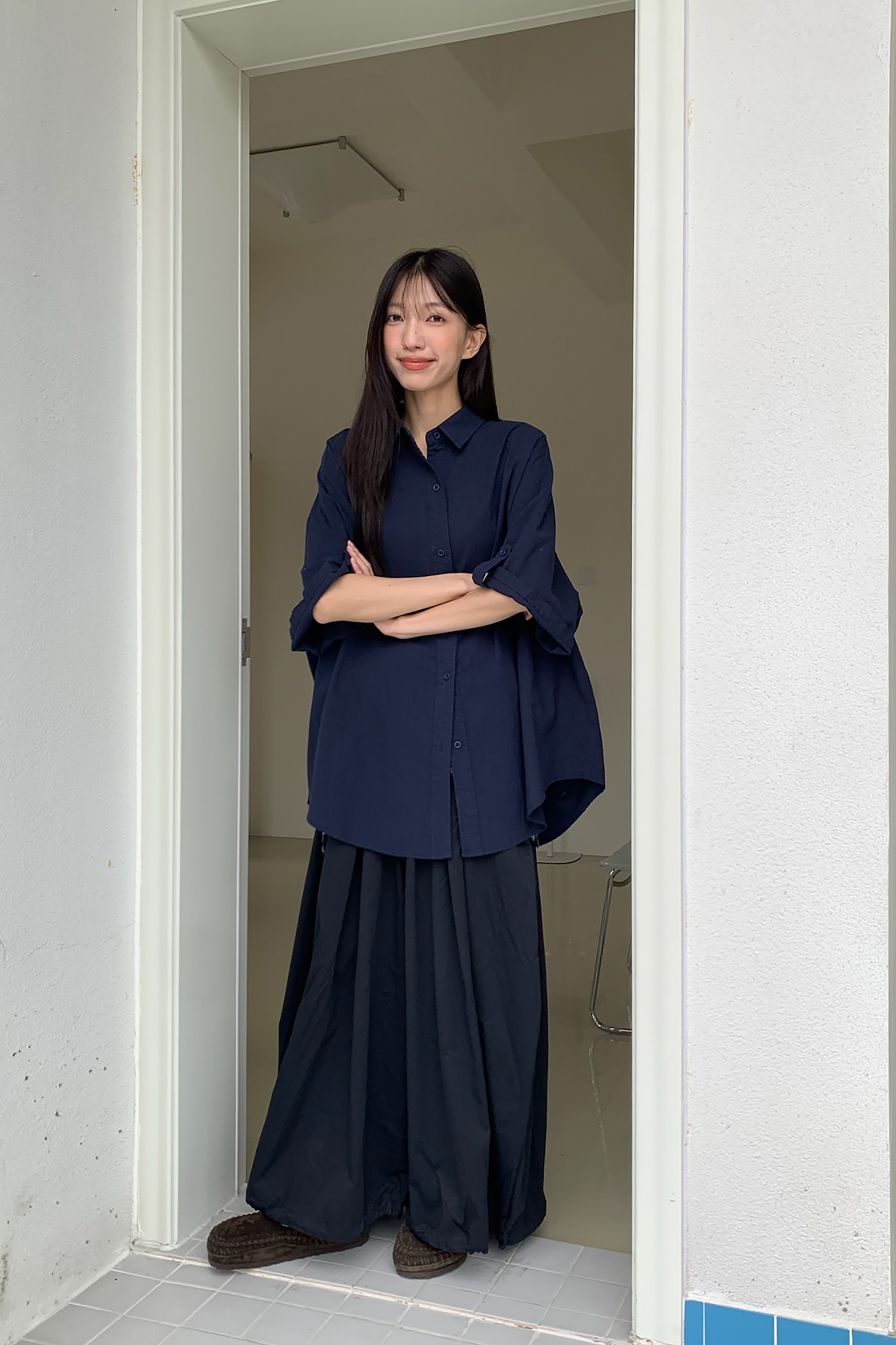 May｜藍色調素面袖釦短襯 2色