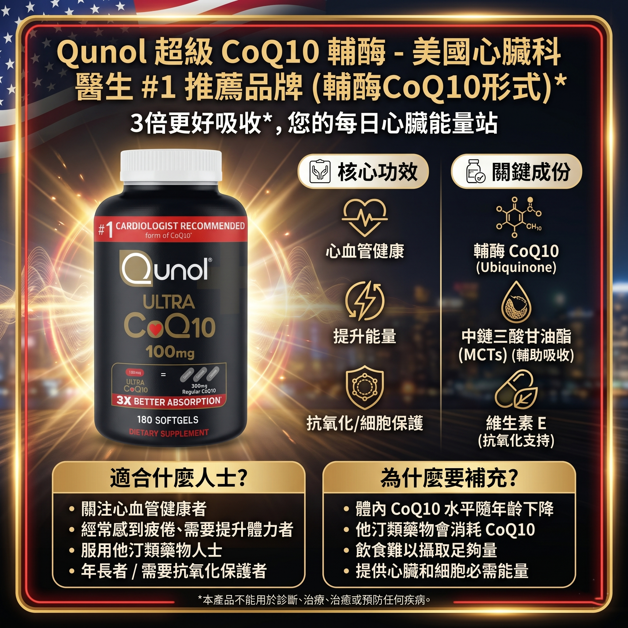 【預購】Qunol  H050670 Ultra CoQ10 高吸收輔酶心臟保健軟膠囊 (100mg 180粒裝)