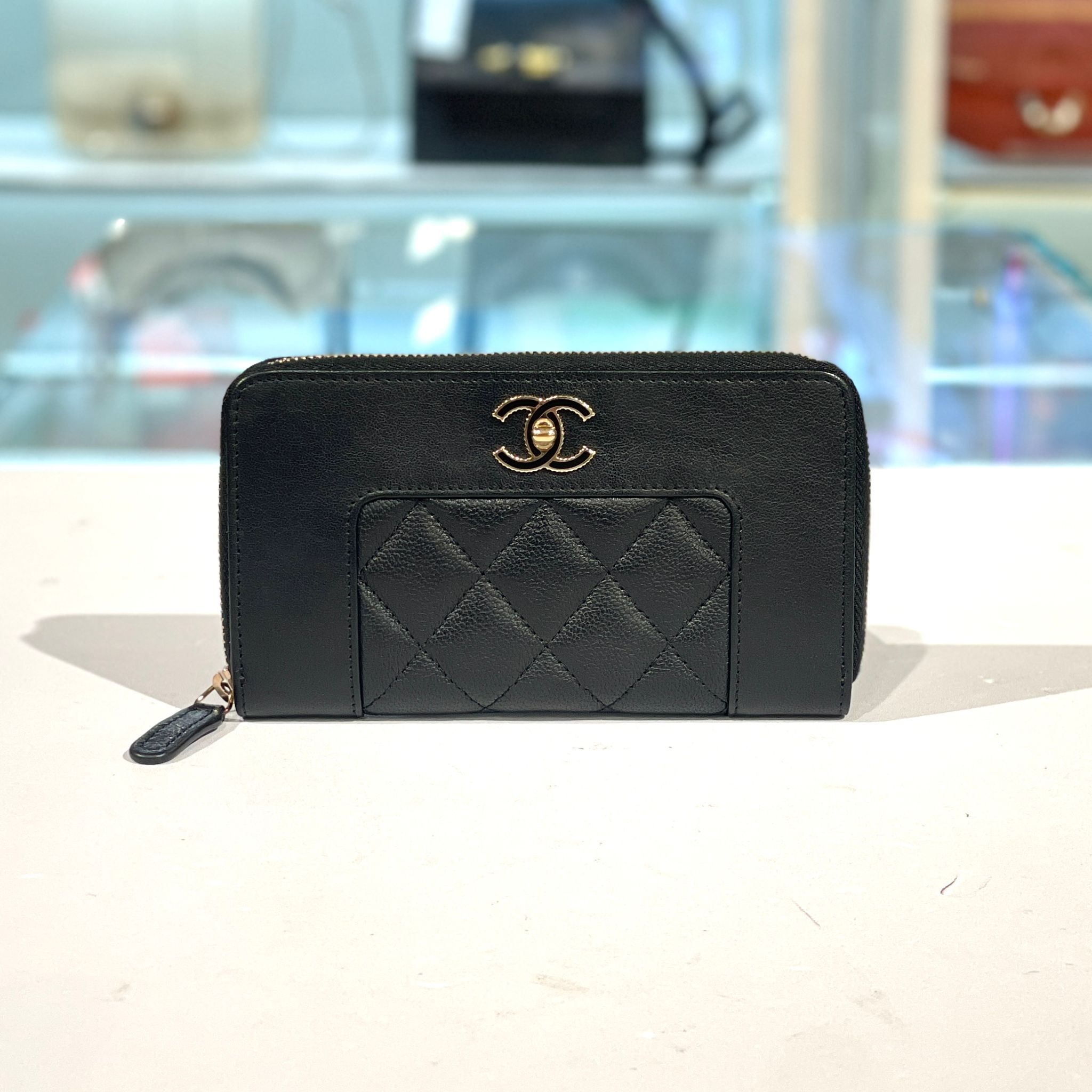 95%NEW 二手 CHANEL 中型銀包 黑色荔枝皮 黑金琺瑯扣 CHANEL WALLET #香榭站正品