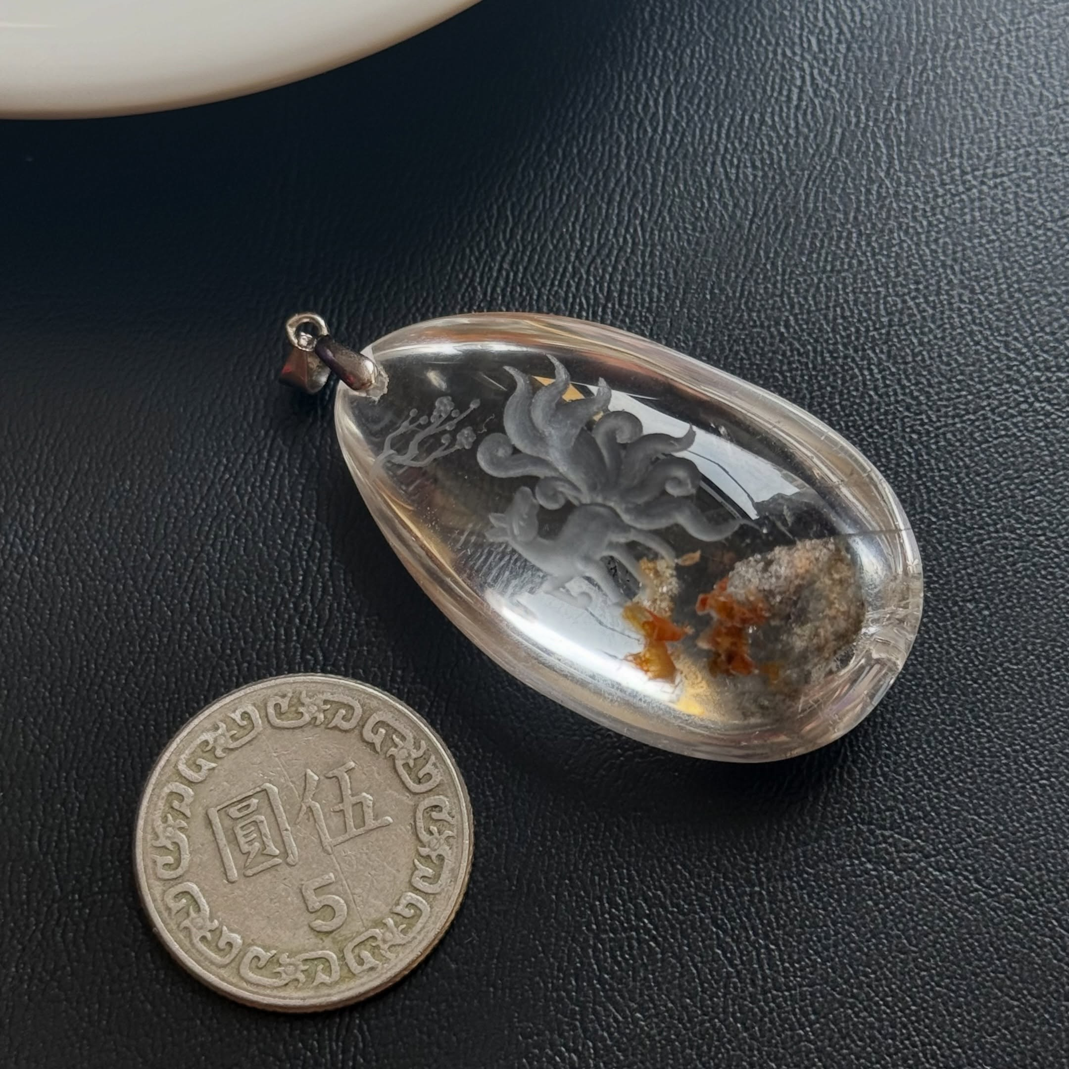 [原石] 幽靈水晶 九尾狐 激光雷雕（內有雙層山形幽靈）水晶項鏈