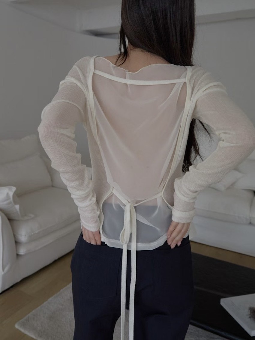 mixed fabric sheer-back tie top