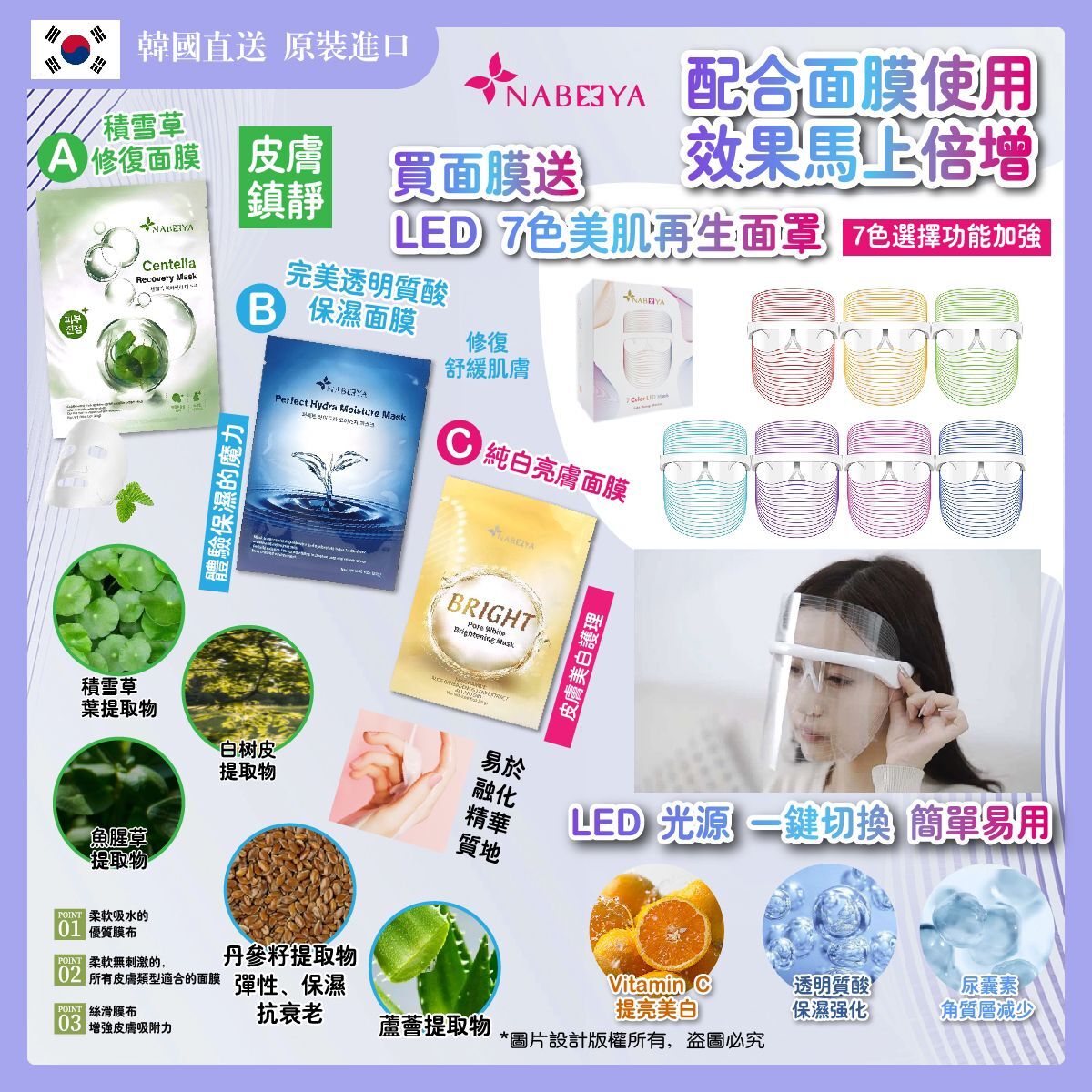 MP260325-E1-Pure White Brightening Mask 美白淡斑面膜 (25G*10片/盒)+Centella Recovery Mask 積雪草修復面膜 (25G*10片/盒)+Perfect Hydra Moisture Mask 完美保濕面膜 (25G*10片/盒)*2 (共4盒) 送 7色LED美肌面罩*1個
